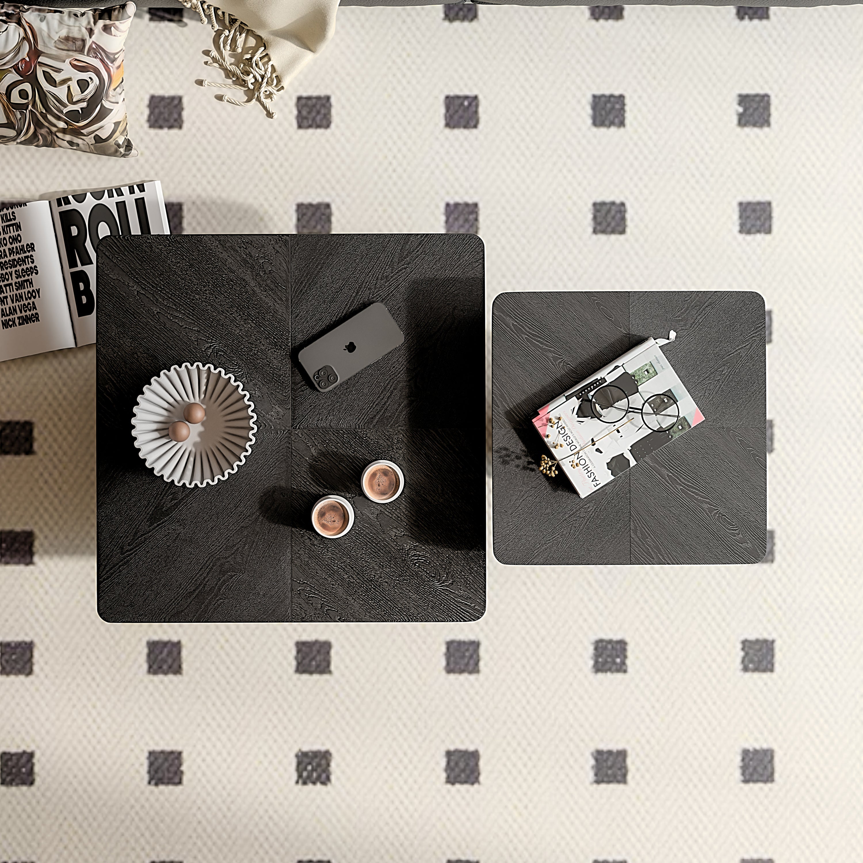 2-Piece Wood Nesting Coffee Tables, Fluted Pedestal, Living Room, Black