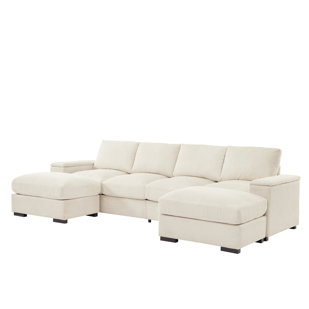 Sectional Sofa L-Shaped Modern Corduroy Beige 122-inch Sleeper with Ottomans