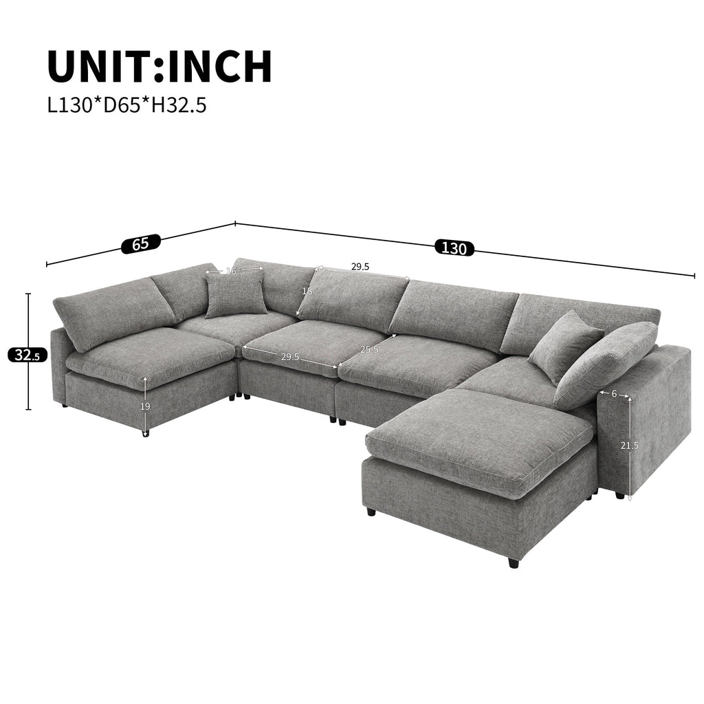 Sofa Modular U-Shape Chenille Gray 6 Seat Convertible Ottoman 130 In