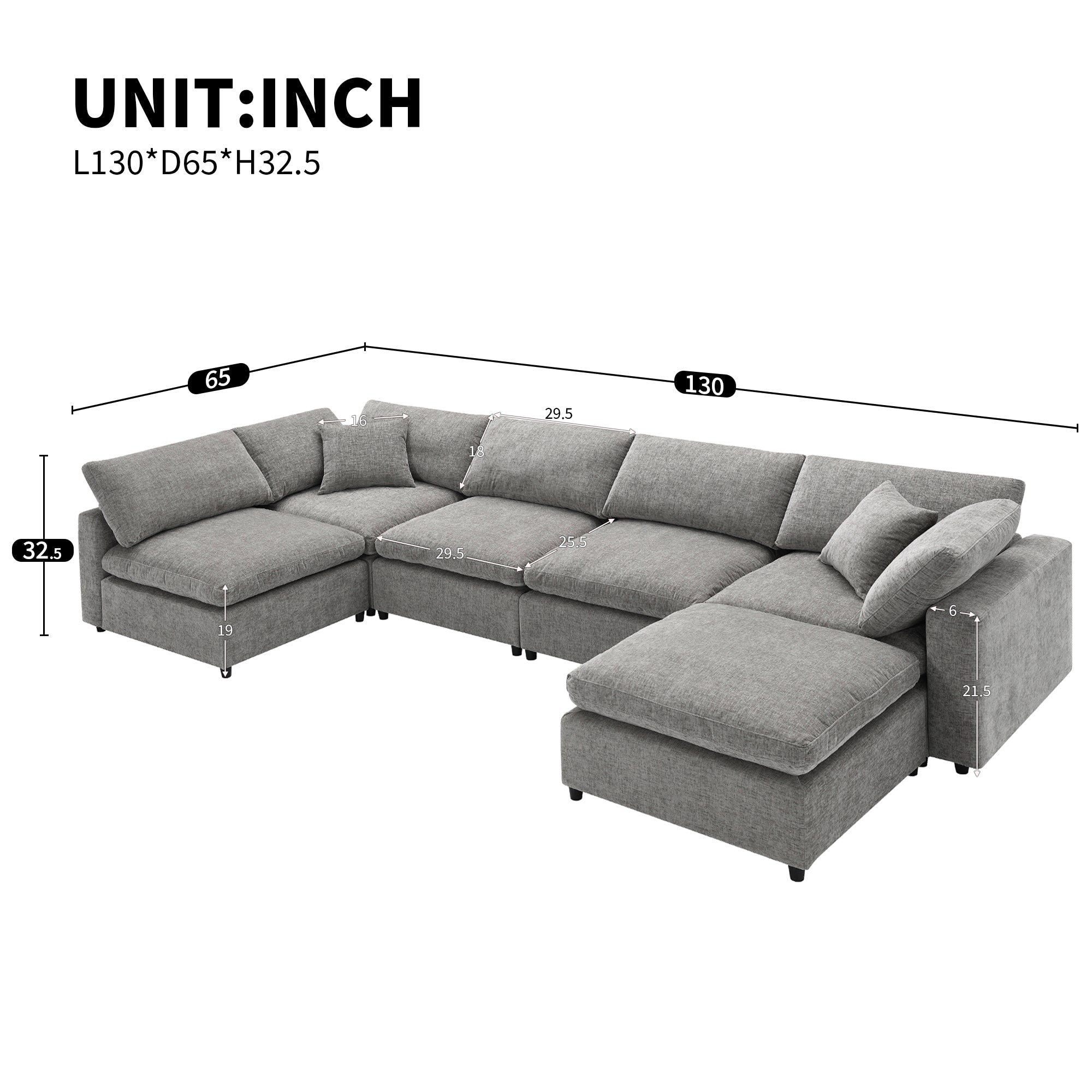 Sofa Modular U-Shape Chenille Gray 6 Seat Convertible Ottoman 130 In