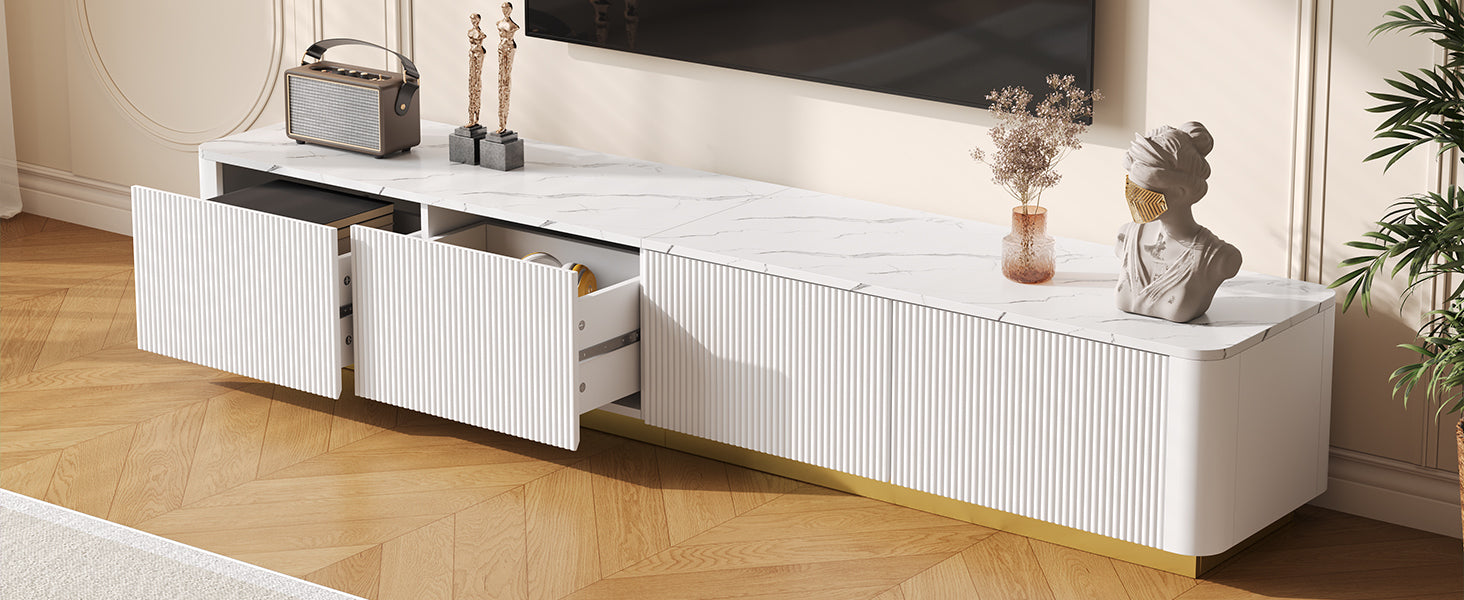 TV Stand Luxury Fluted White MDF Faux Marble Top 4-Drawer Fits 85 In TV