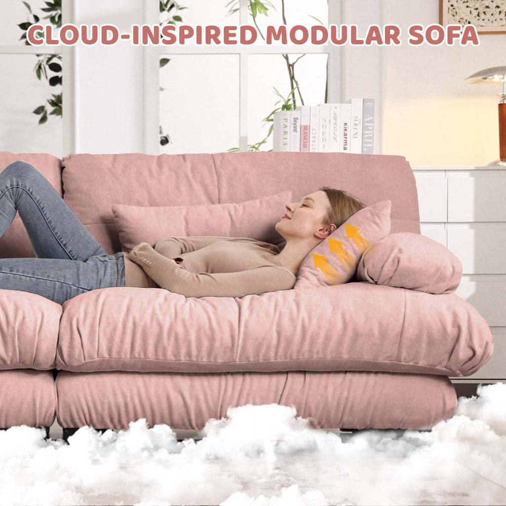 Sectional Sofa Curved Chenille Pink with Convertible Ottoman