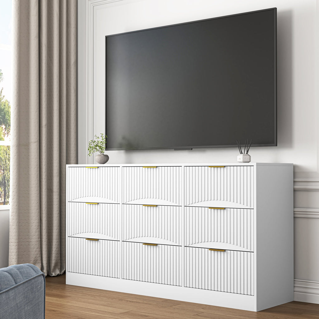 Dresser Classic 9-Drawer White Particle Board Gold Handles 63x15.74 In