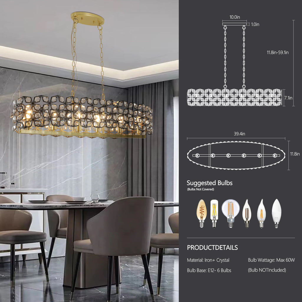 Chandelier Crystal Black Gold Geometric Modern Pendant 39 In