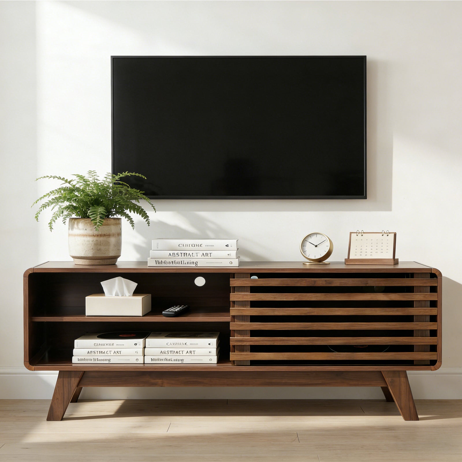 TV Stand Walnut MDF Slatted Sliding Door Fits 50 In TV Cable Management