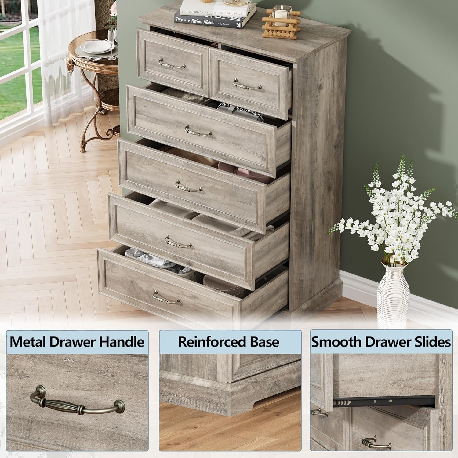 Greywash SolidWood FortyNineInch ExtraTall Six Drawer Dresser