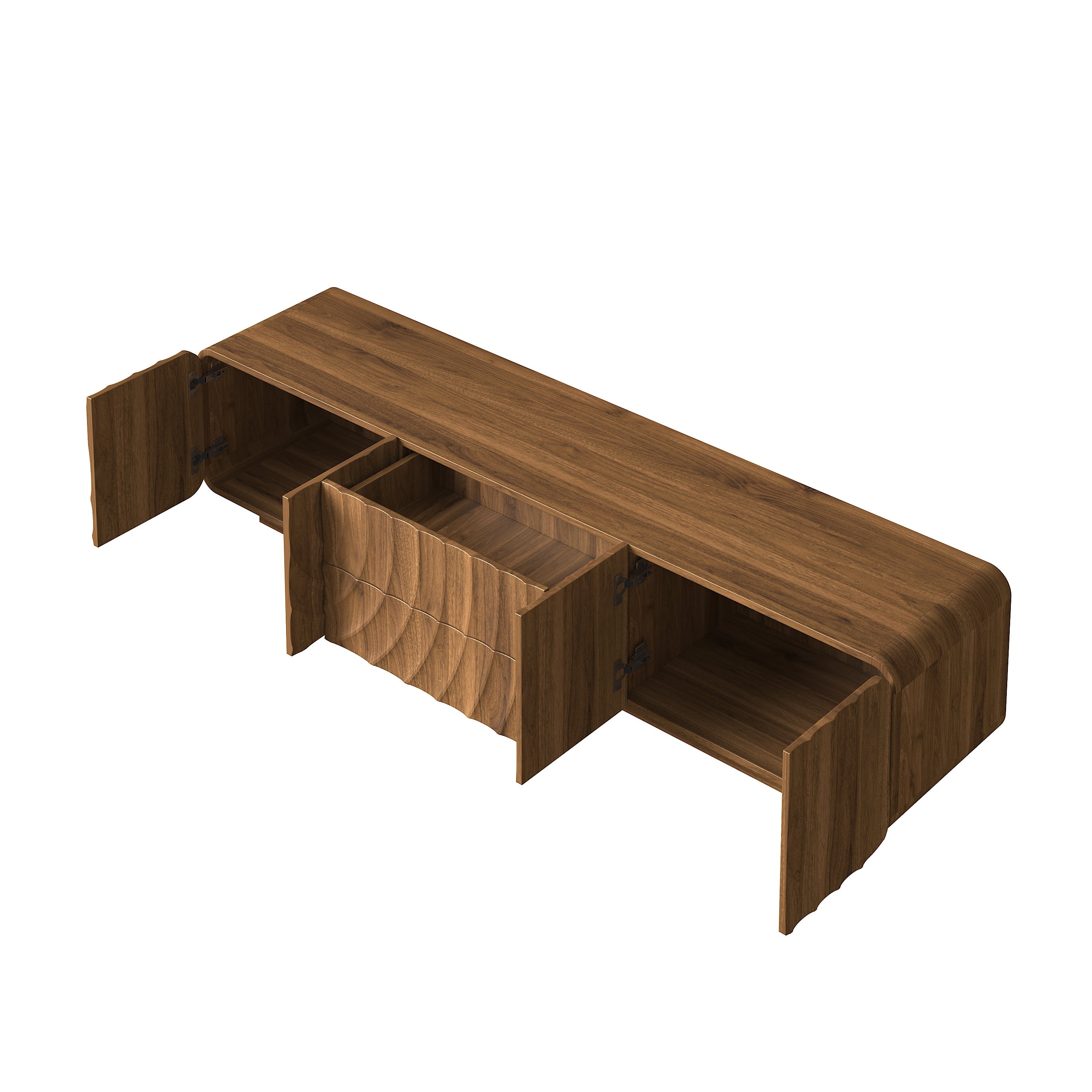 TV Stand Mid-Century Spiral Wave Walnut MDF Floating Base Fits 85 In TV