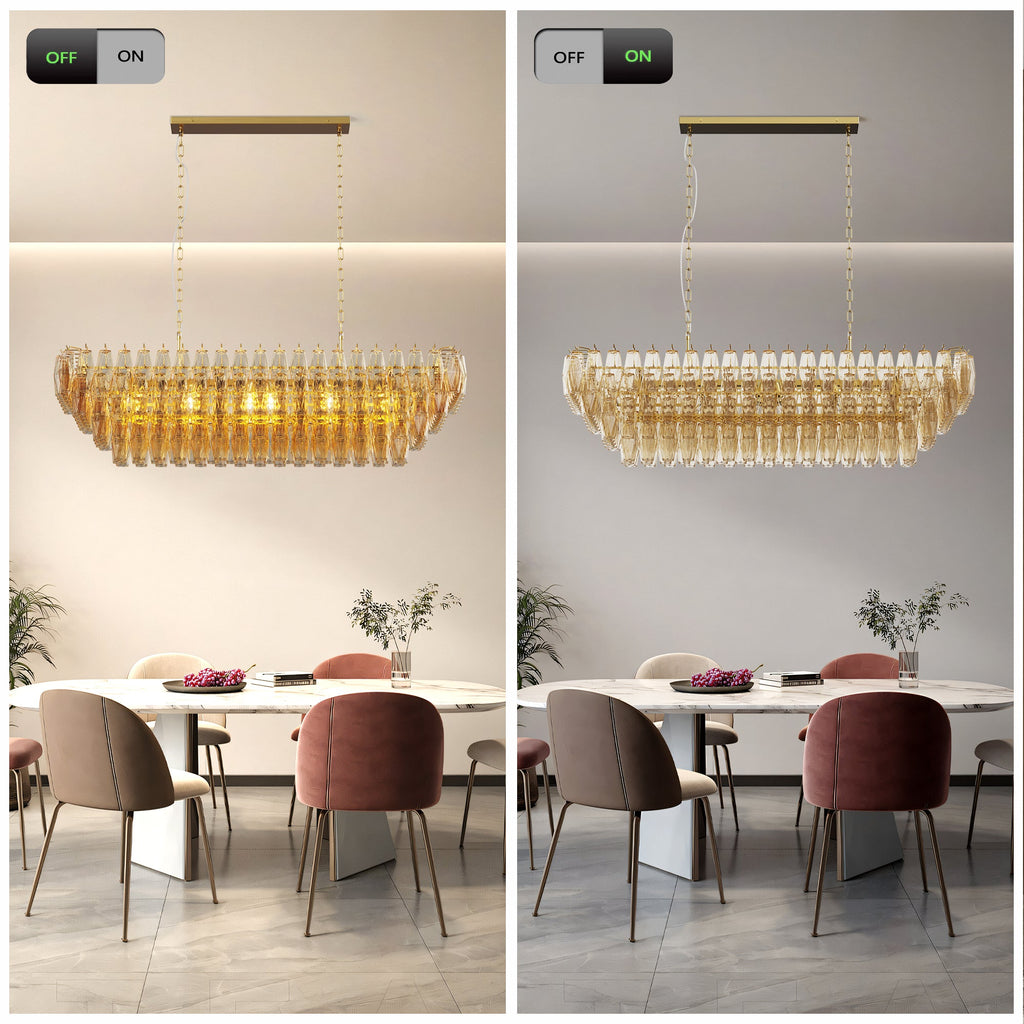 Chandelier Rectangle Gold 12-Light Smoke Glass Modern Living Room 54 In