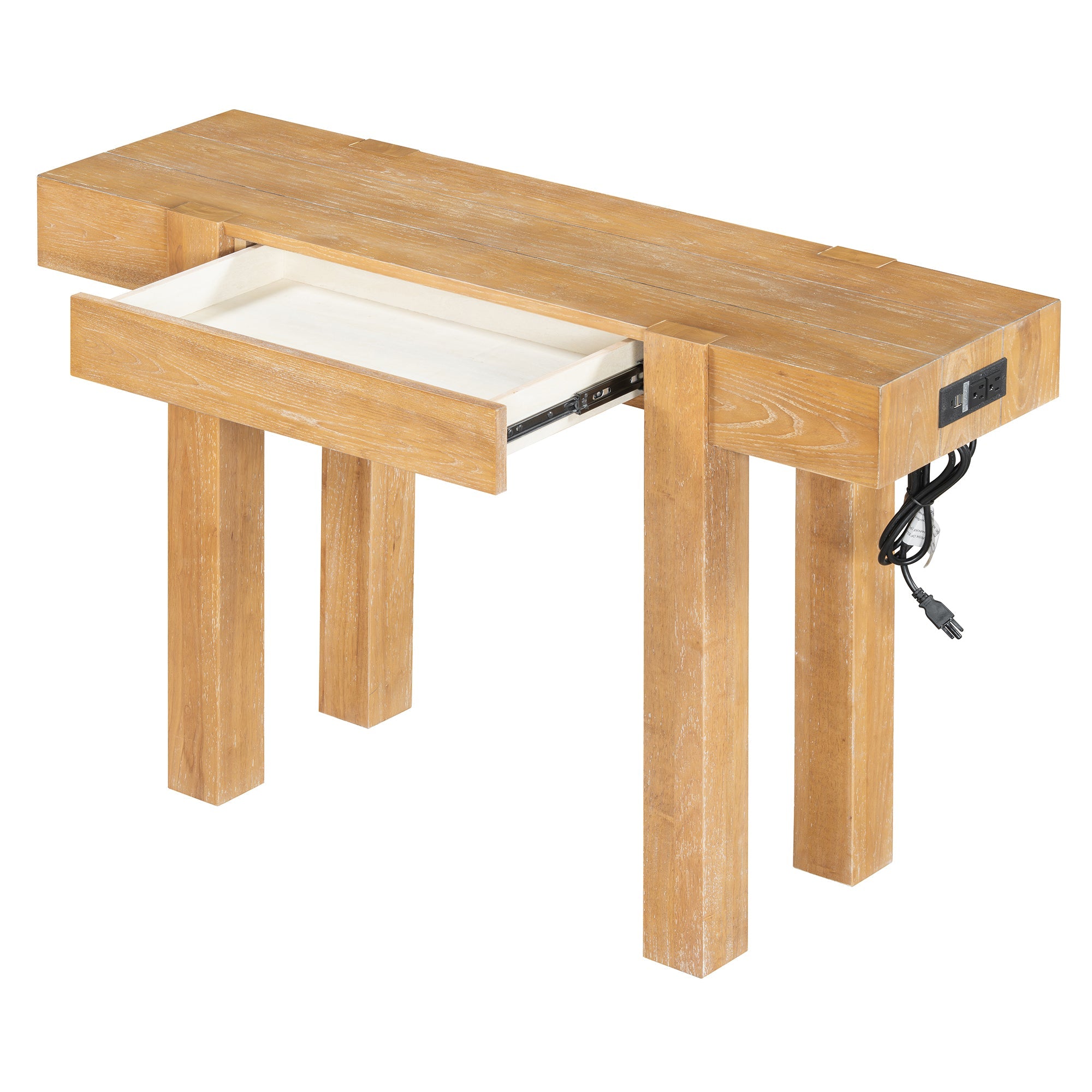 Rustic Console Table, Hidden Drawer, Side Power Outlet, Entryway Table, Natural