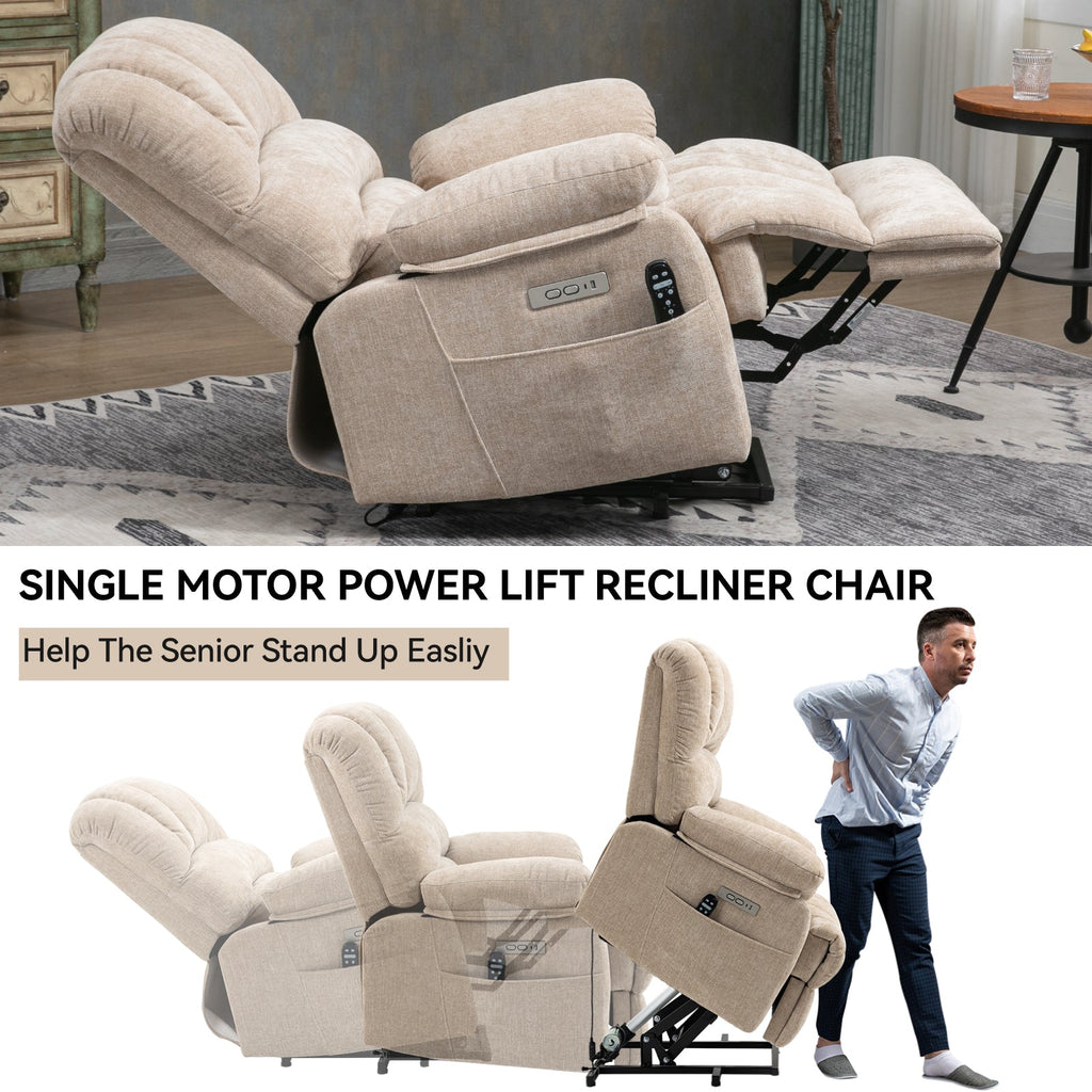 Lift Recliner Chair Power Oversized Chenille Beige 23 In Seat USB 350 LB