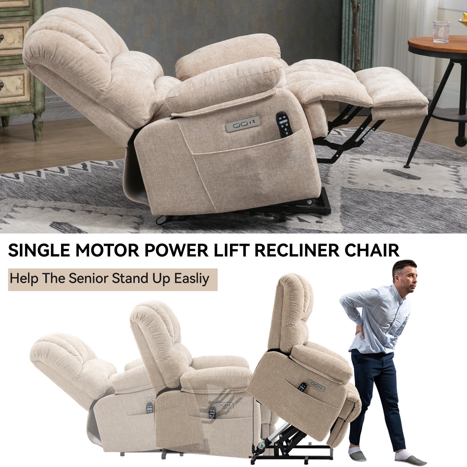 Lift Recliner Chair Power Oversized Chenille Beige 23 In Seat USB 350 LB