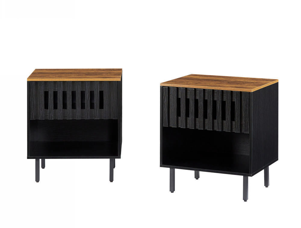 Set of 2 Mid Century Nightstands, Grille Slatted Drawer, Metal Legs, Bedroom