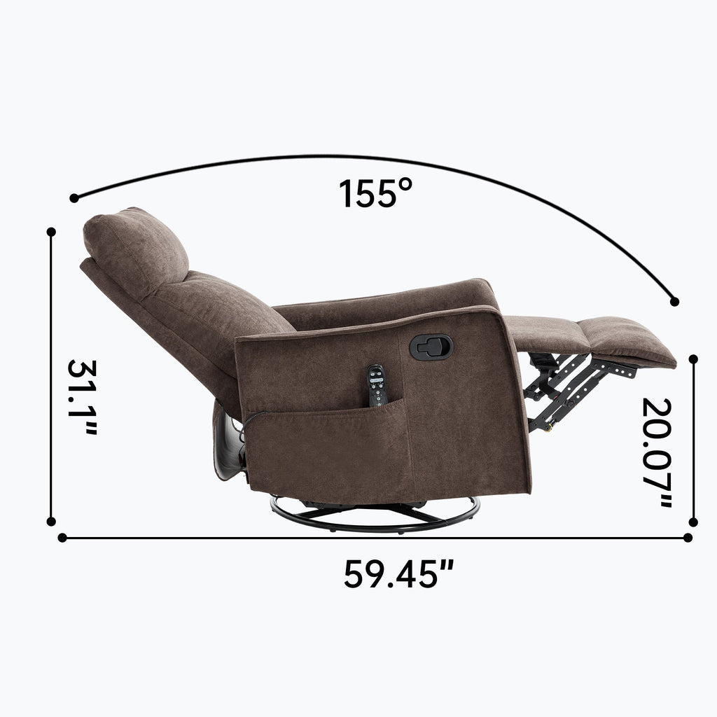 Recliner Chair Swivel Rocker Polyester Brown 360 Degree Heat Massage 155