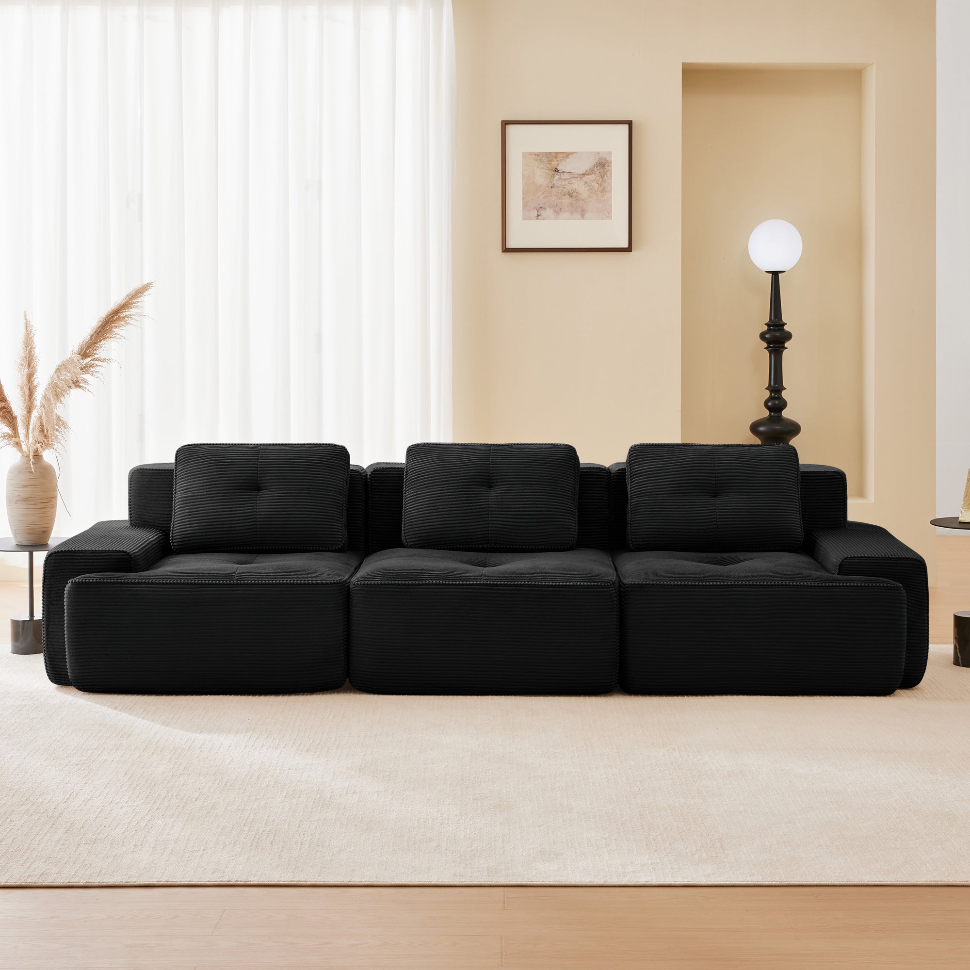 Sectional Sofa Modular Corduroy Black 3 Seater Tufted