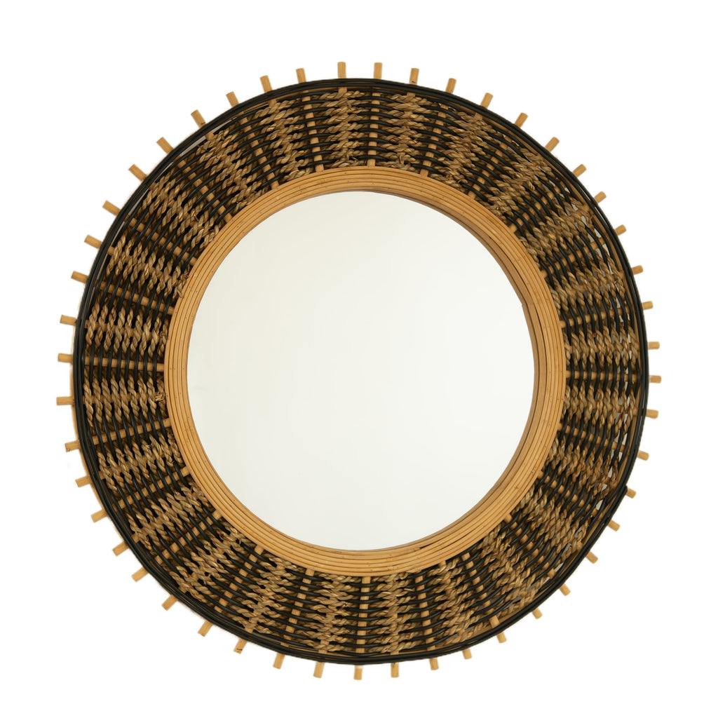 Round Wall Mirror Boho Bamboo Natural Frame 23-inch Large Living Room