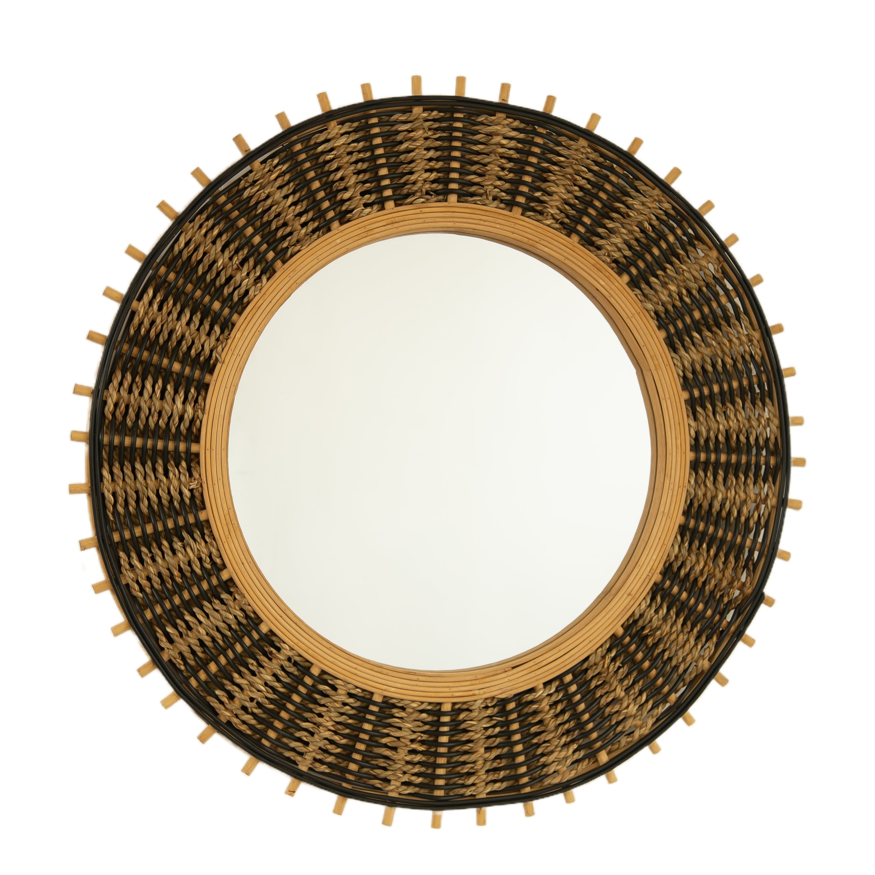 Round Wall Mirror Boho Bamboo Natural Frame 23-inch Large Living Room