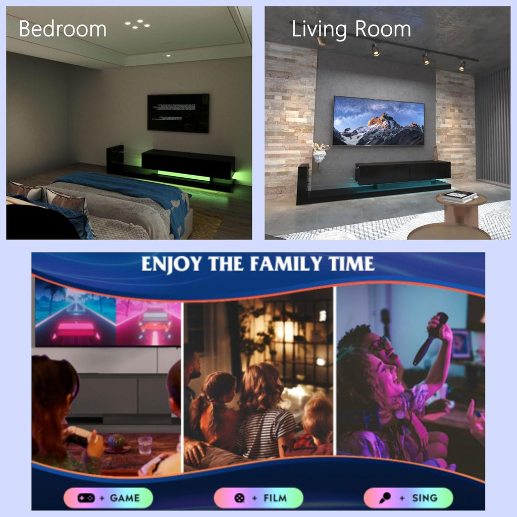 TV Stand LED Black Particle Board Tempered Glass Shelves Fits 75 In TV