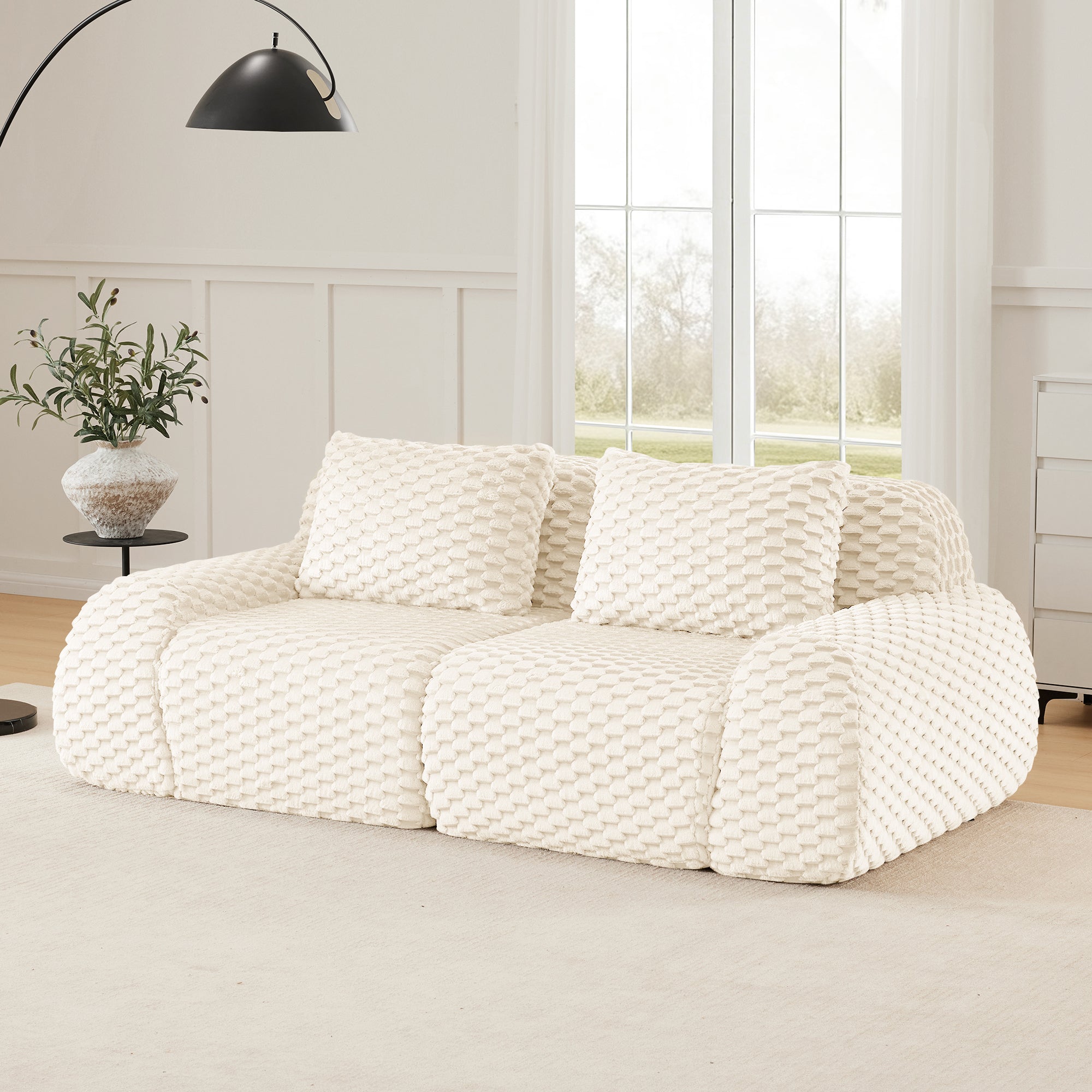 Sectional Sofa Modern Modular Cream Flannelette Deep Seat 82 Inch