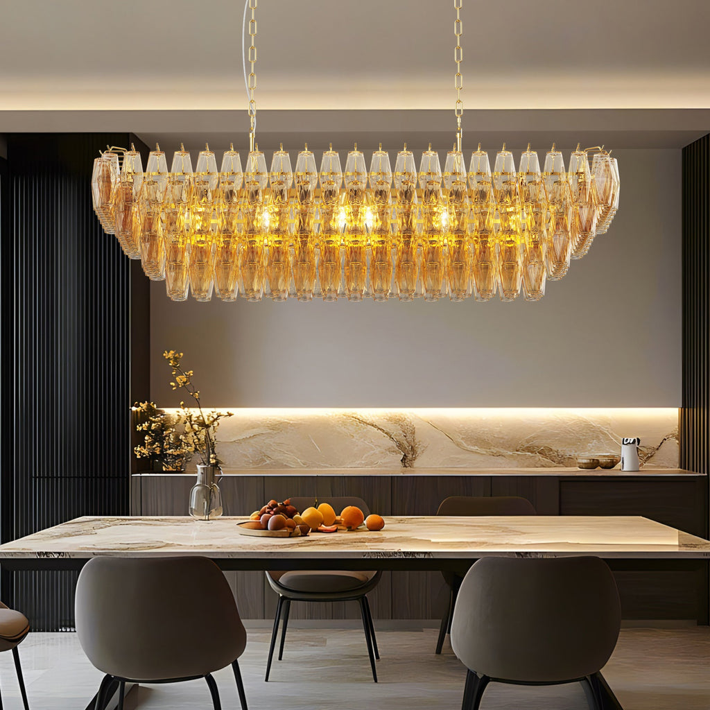 Chandelier Rectangle Gold 12-Light Smoke Glass Modern Living Room 54 In