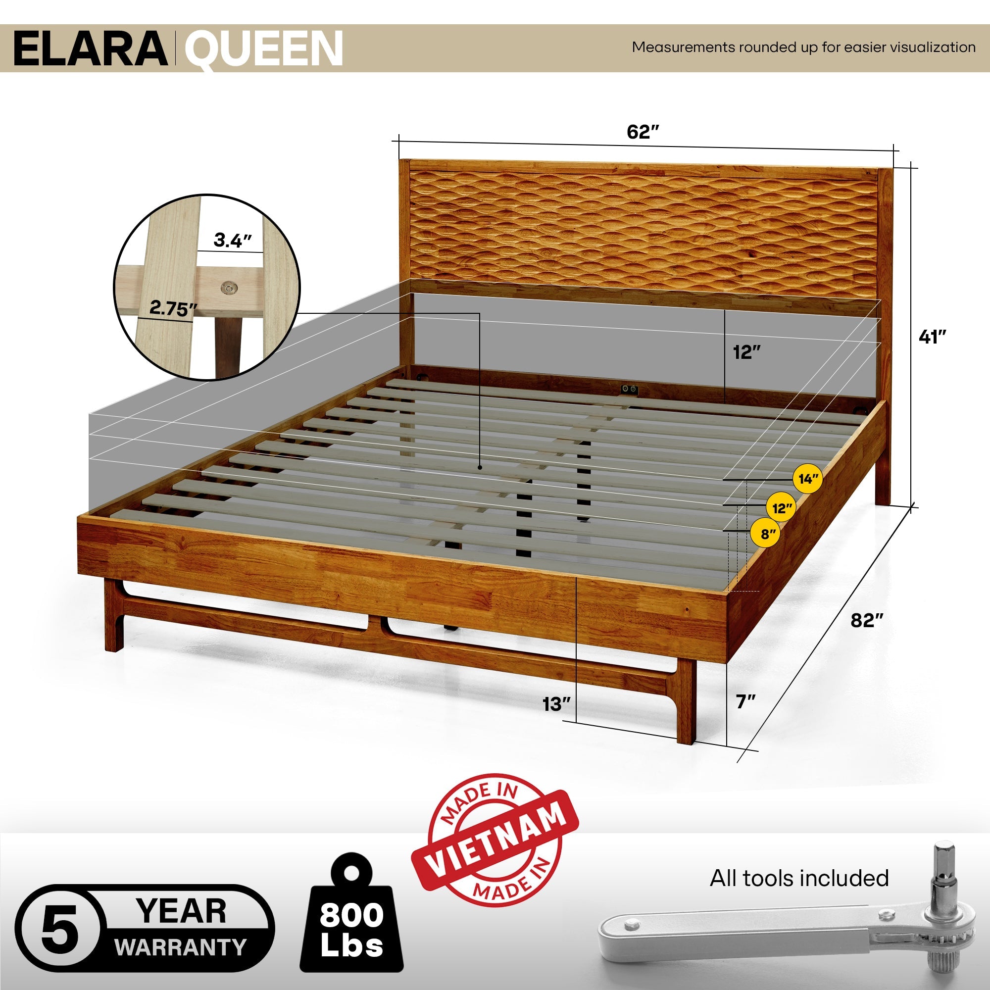 Acacia Elara Platform Bed Frame with Headboard - Stylish and Durable Design