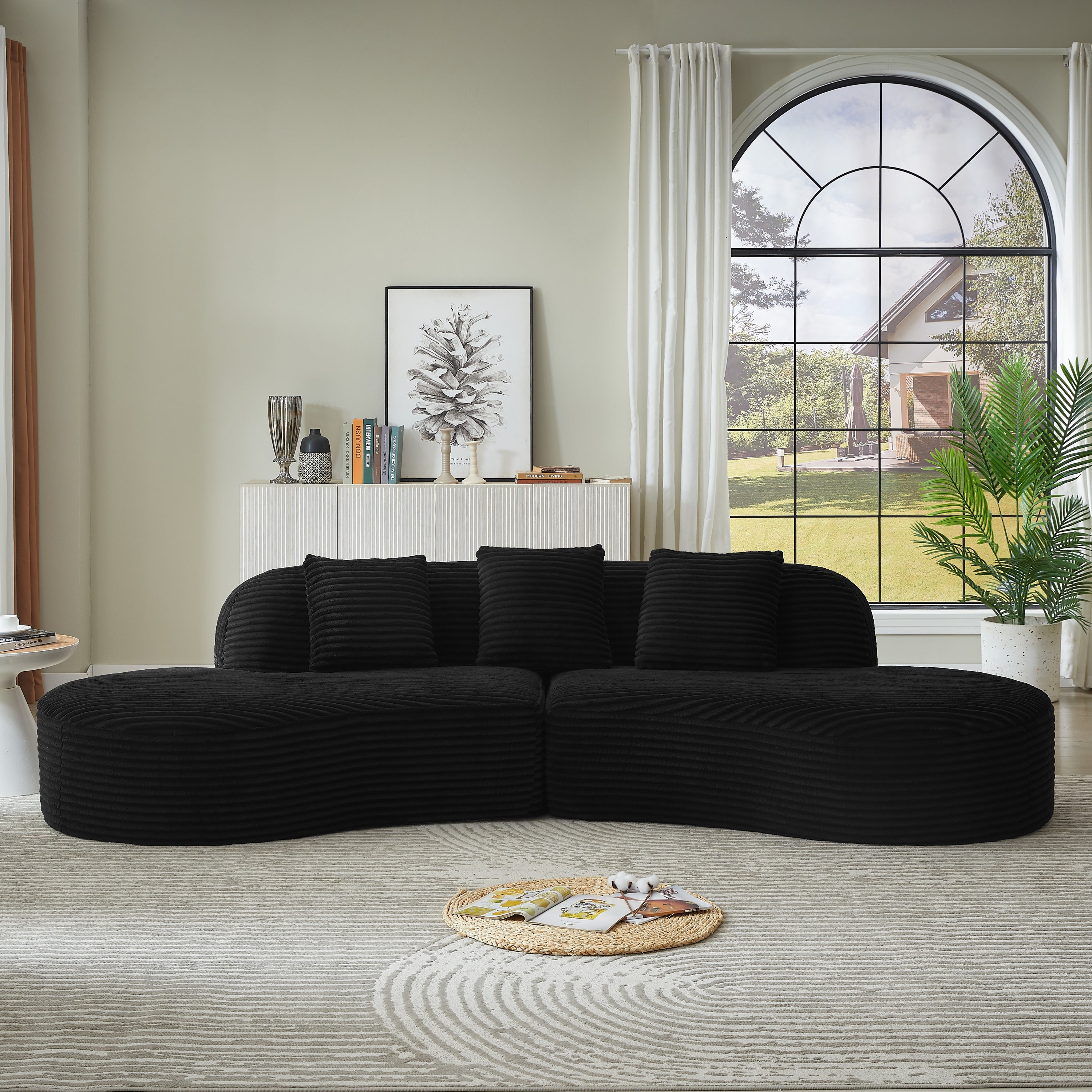 Sectional Sofa Curved Corduroy with Scatter Cushions No Assembly
