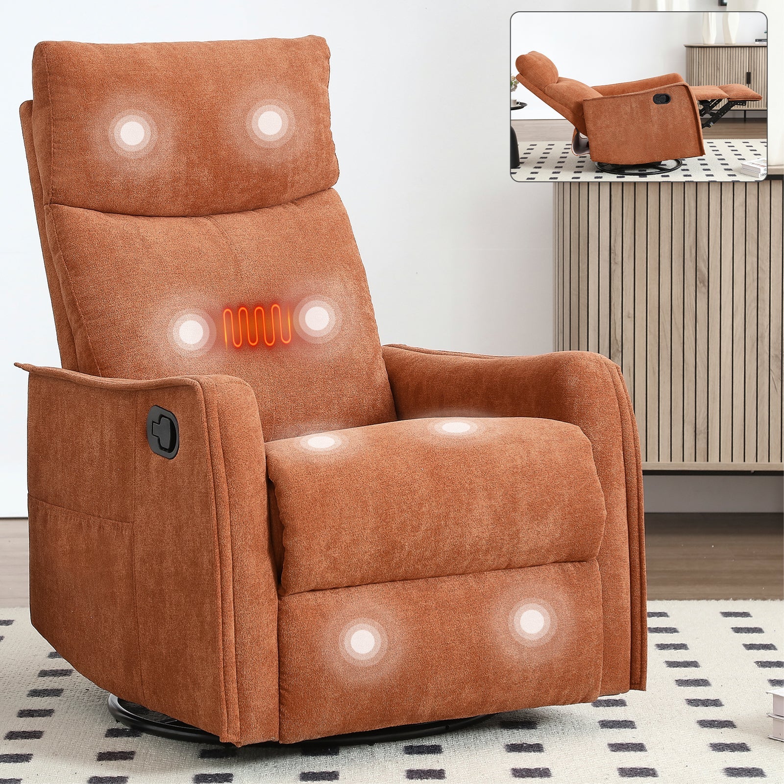 Heated Massage Recliner Chair Swivel Rocker Fabric Orange