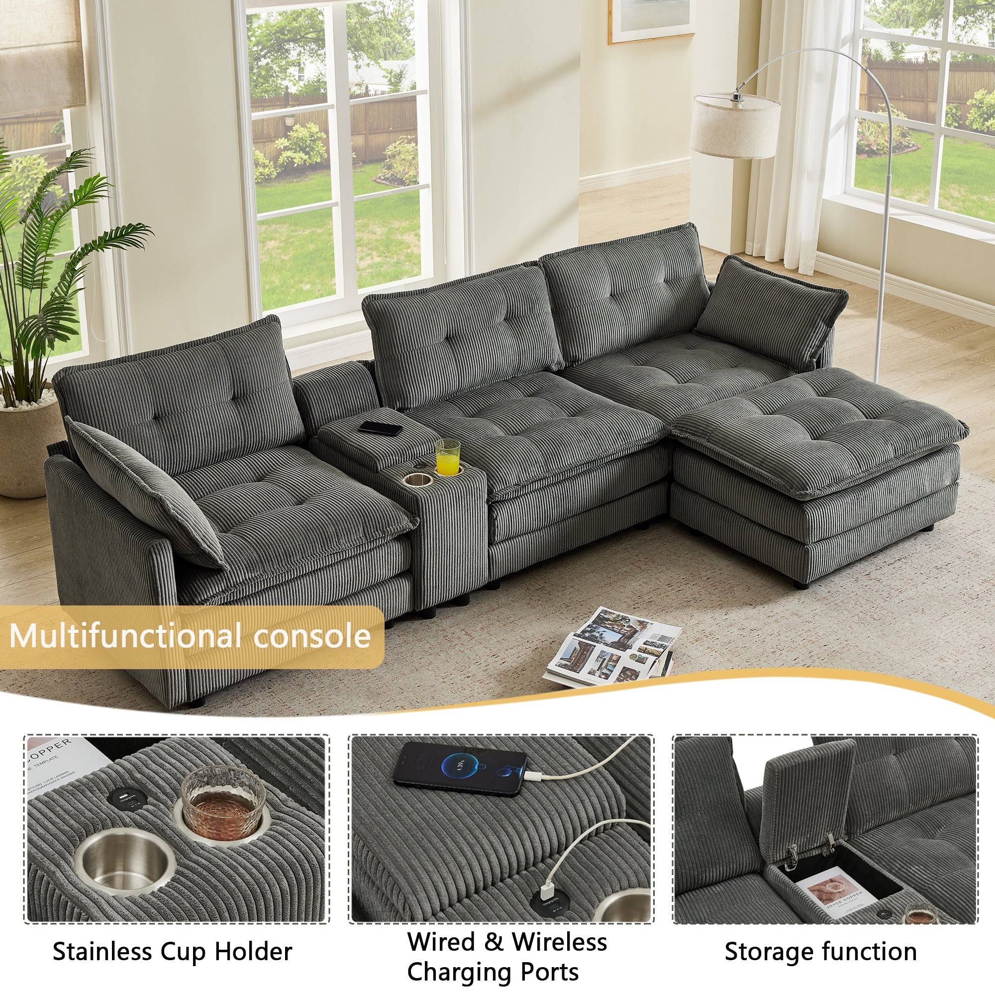 Sectional Sofa L-Shaped Corduroy with Ottoman and USB Ports, 4-seater, Grey