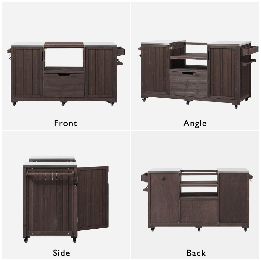 Outdoor Kitchen Island Grill Cart Fir Wood Stainless Steel Top 66.5x23x34 In