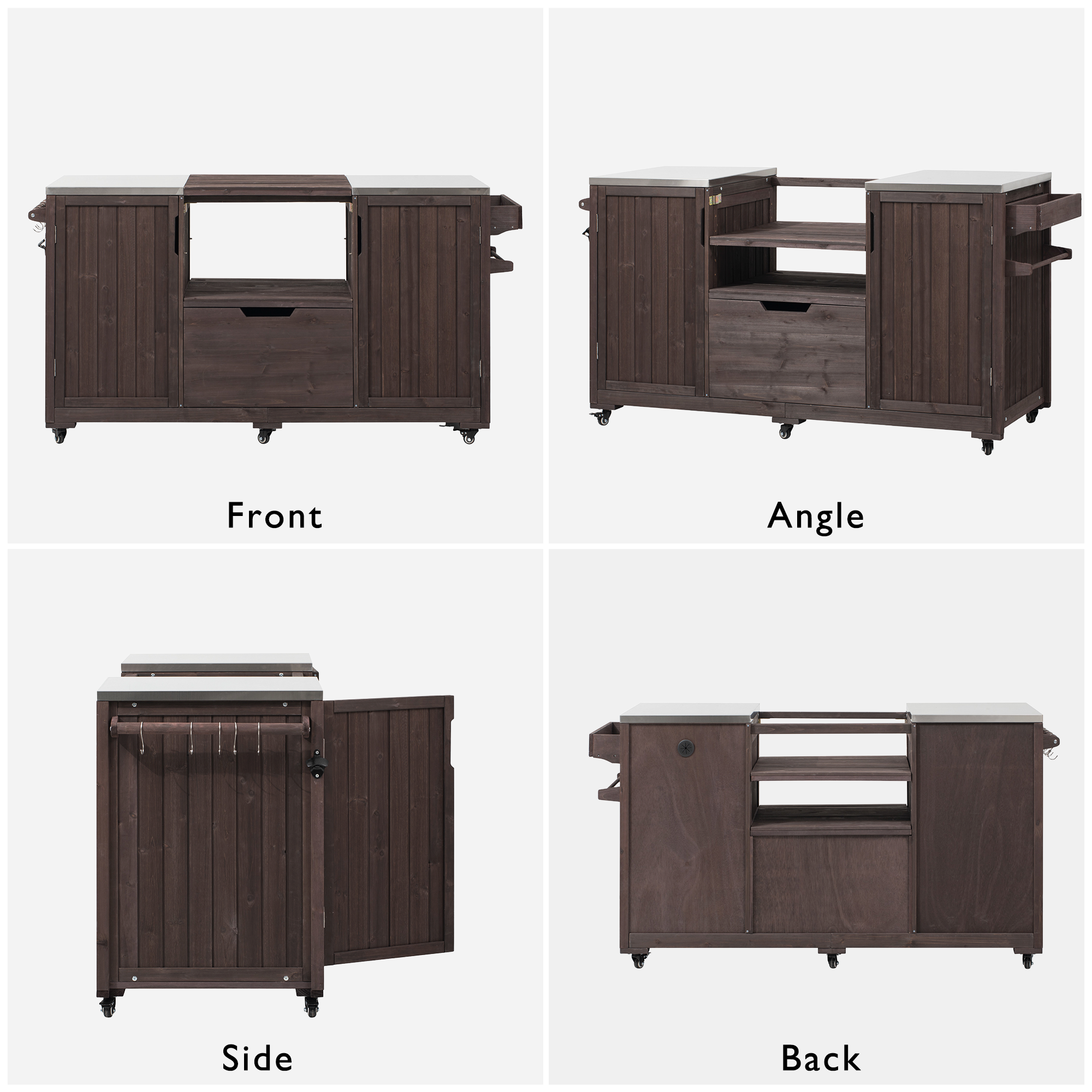 Outdoor Kitchen Island Grill Cart Fir Wood Stainless Steel Top 66.5x23x34 In