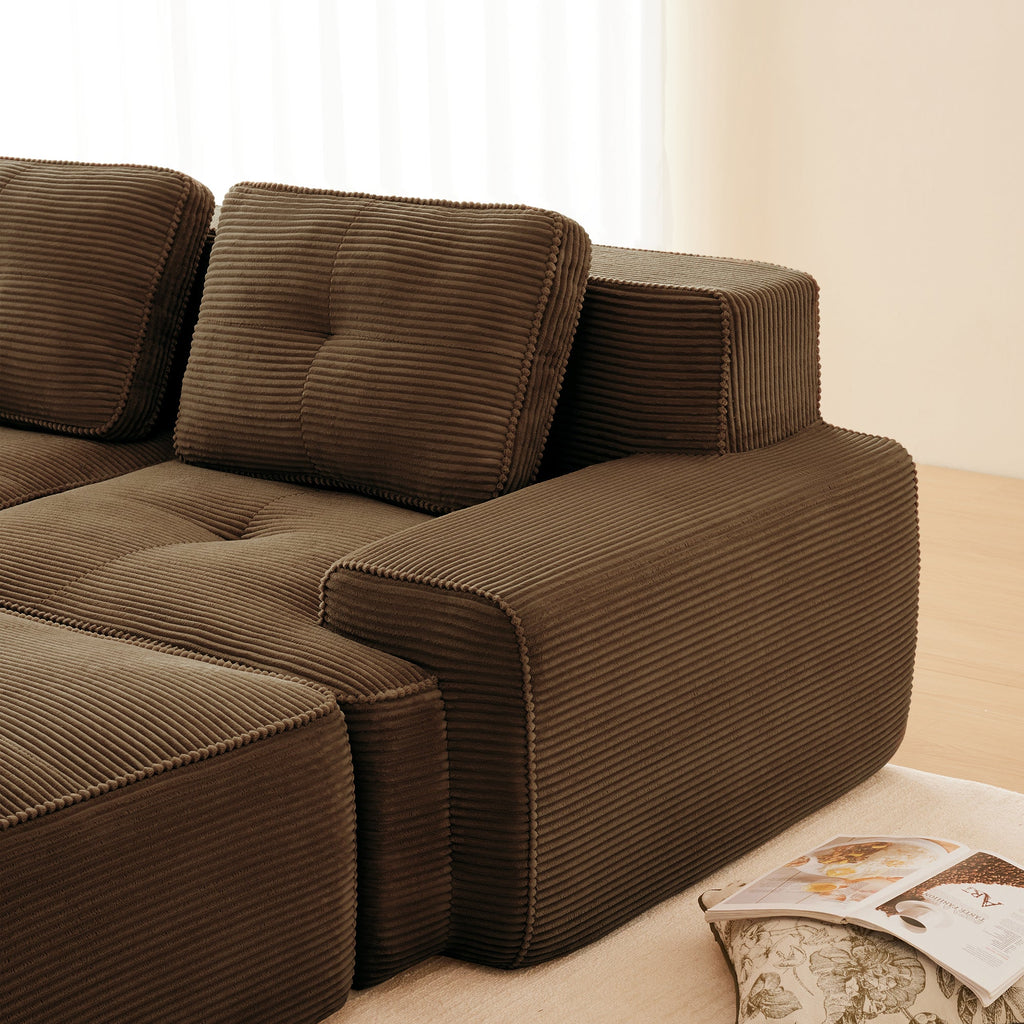 Sectional Sofa L-Shape Corduroy Brown 3 Seat Modular with Ottoman