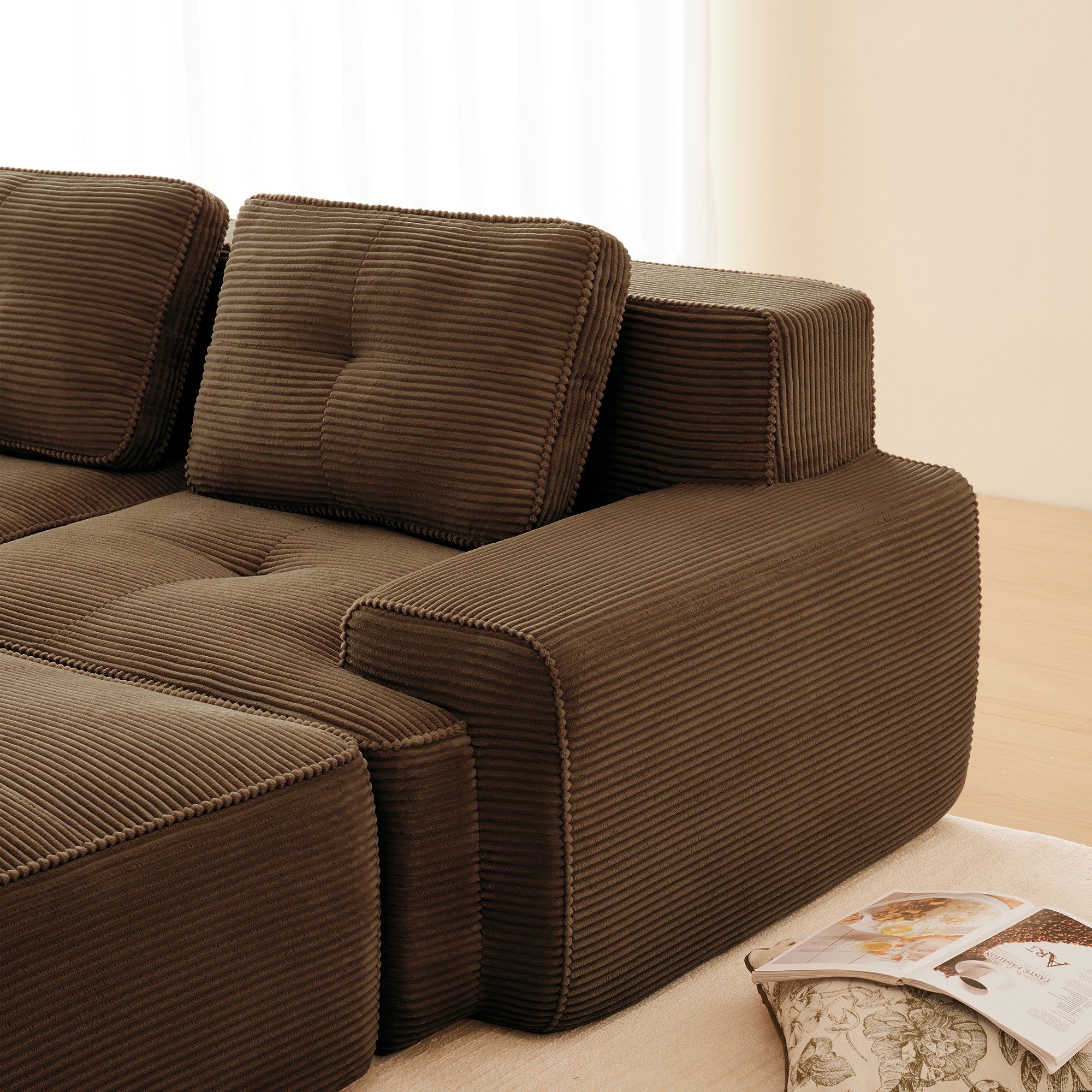 Sectional Sofa L-Shape Corduroy Brown 3 Seat Modular with Ottoman