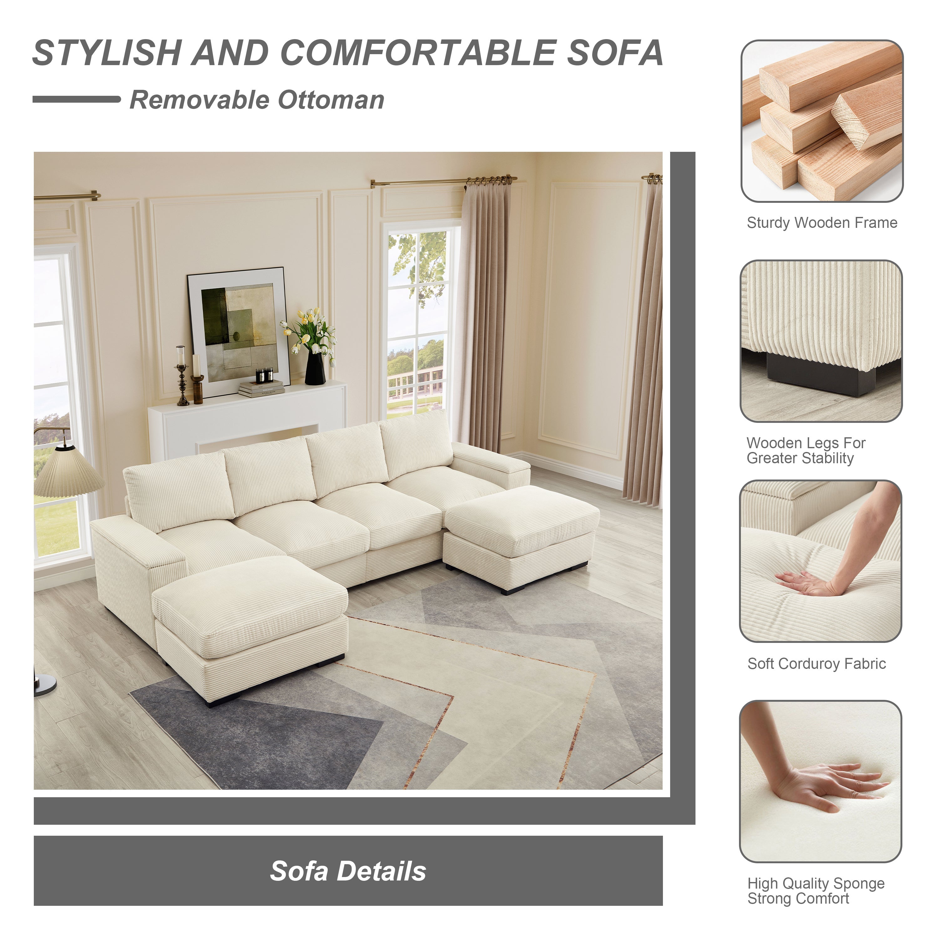 Sectional Sofa L-Shaped Modern Corduroy Beige 122-inch Sleeper with Ottomans