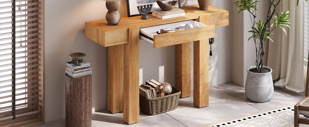 Rustic Console Table, Hidden Drawer, Side Power Outlet, Entryway Table, Natural