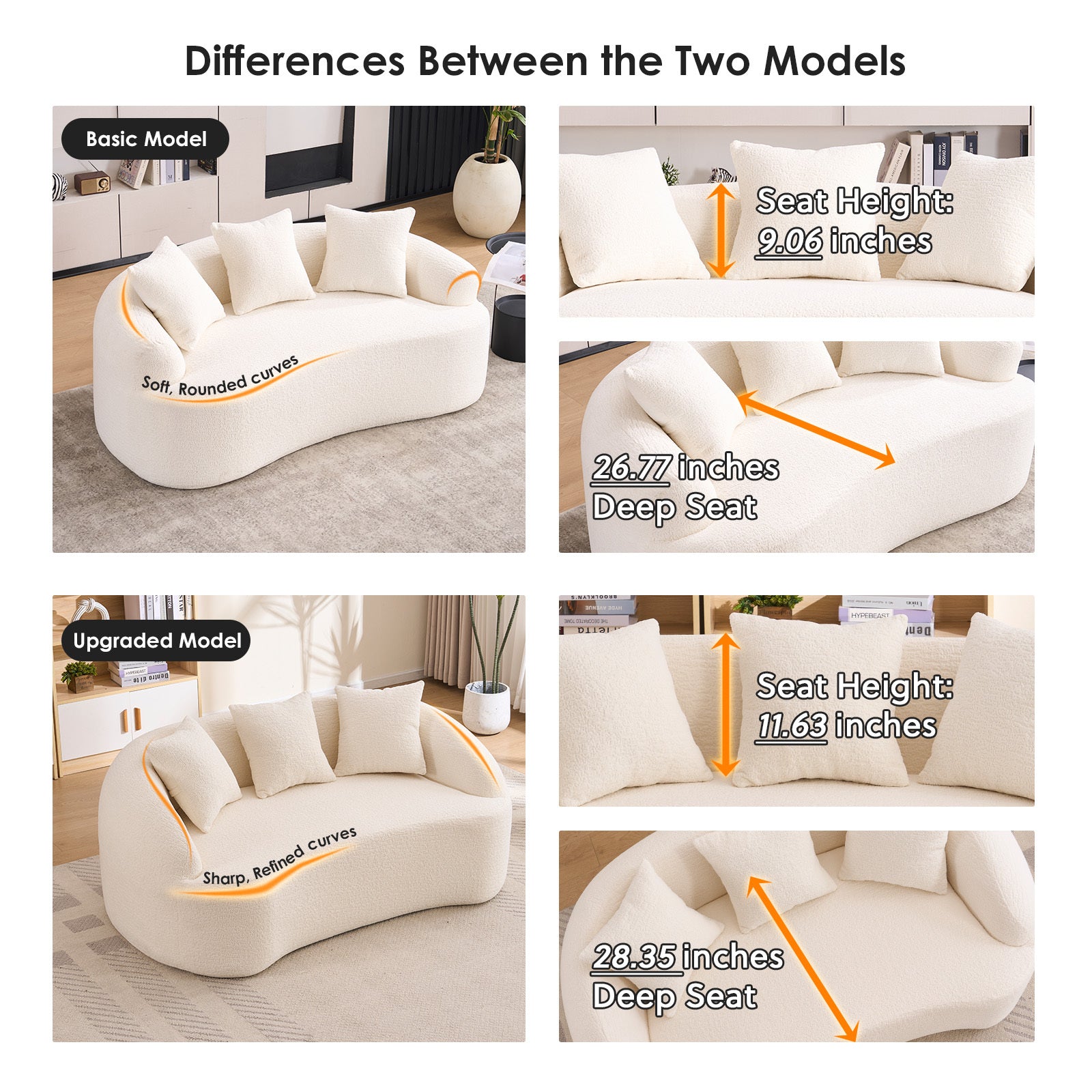 Sofa Curved Modern Off White Chenille 2-seater Space-Saving Compact