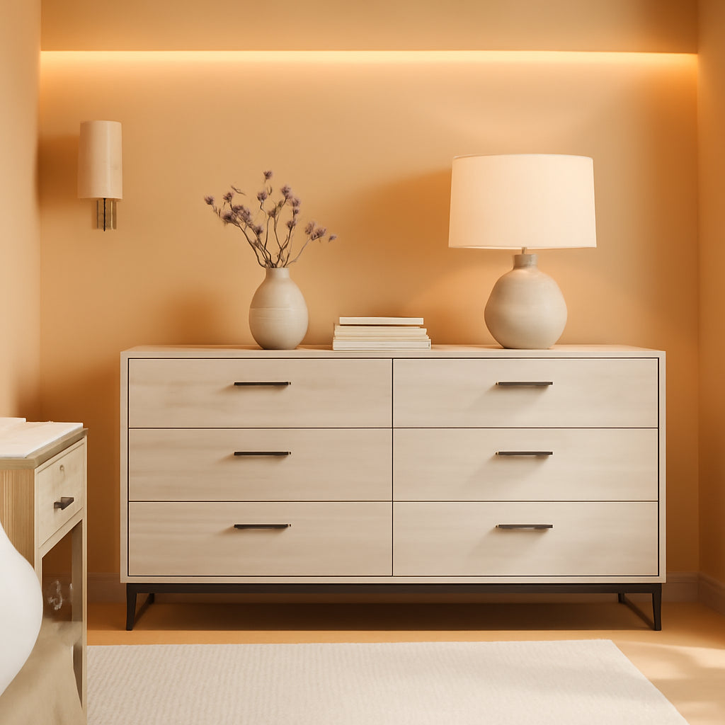 Socalle 59 Inch Beige 6 Drawer Dresser Engineered Wood