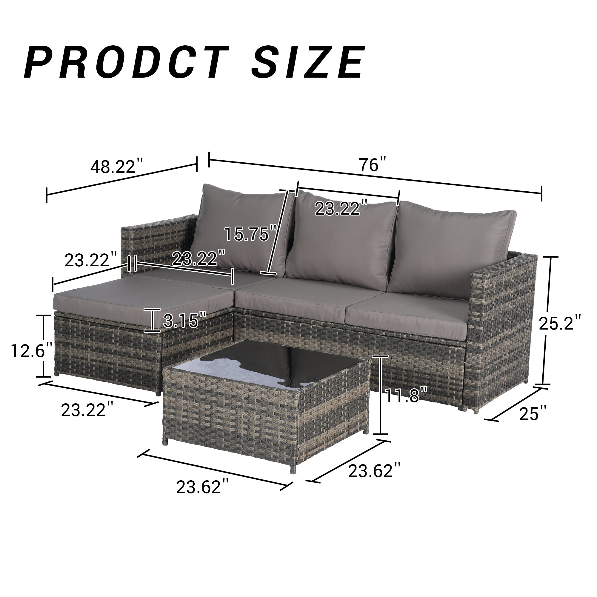 Outdoor Patio Set PE Rattan Metal Dark Gray 3 Piece Ottoman Table