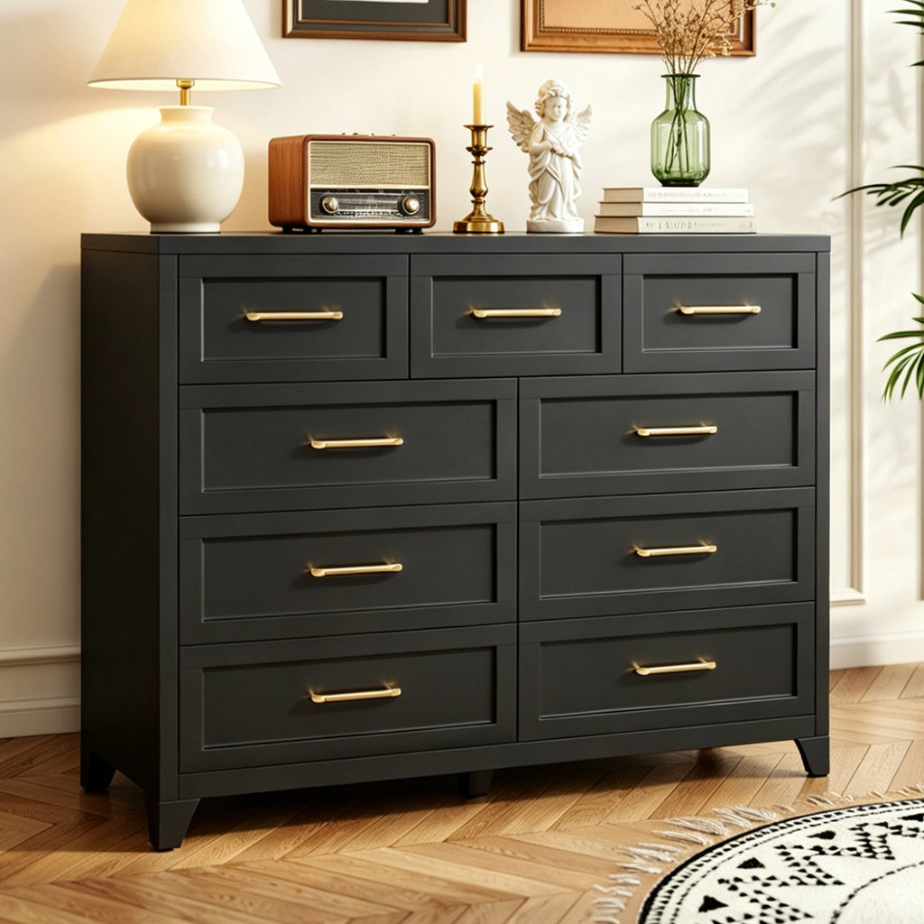 Dresser Tall 9-Drawer Black Steel Smooth-Glide 47.3x15.8x39 In