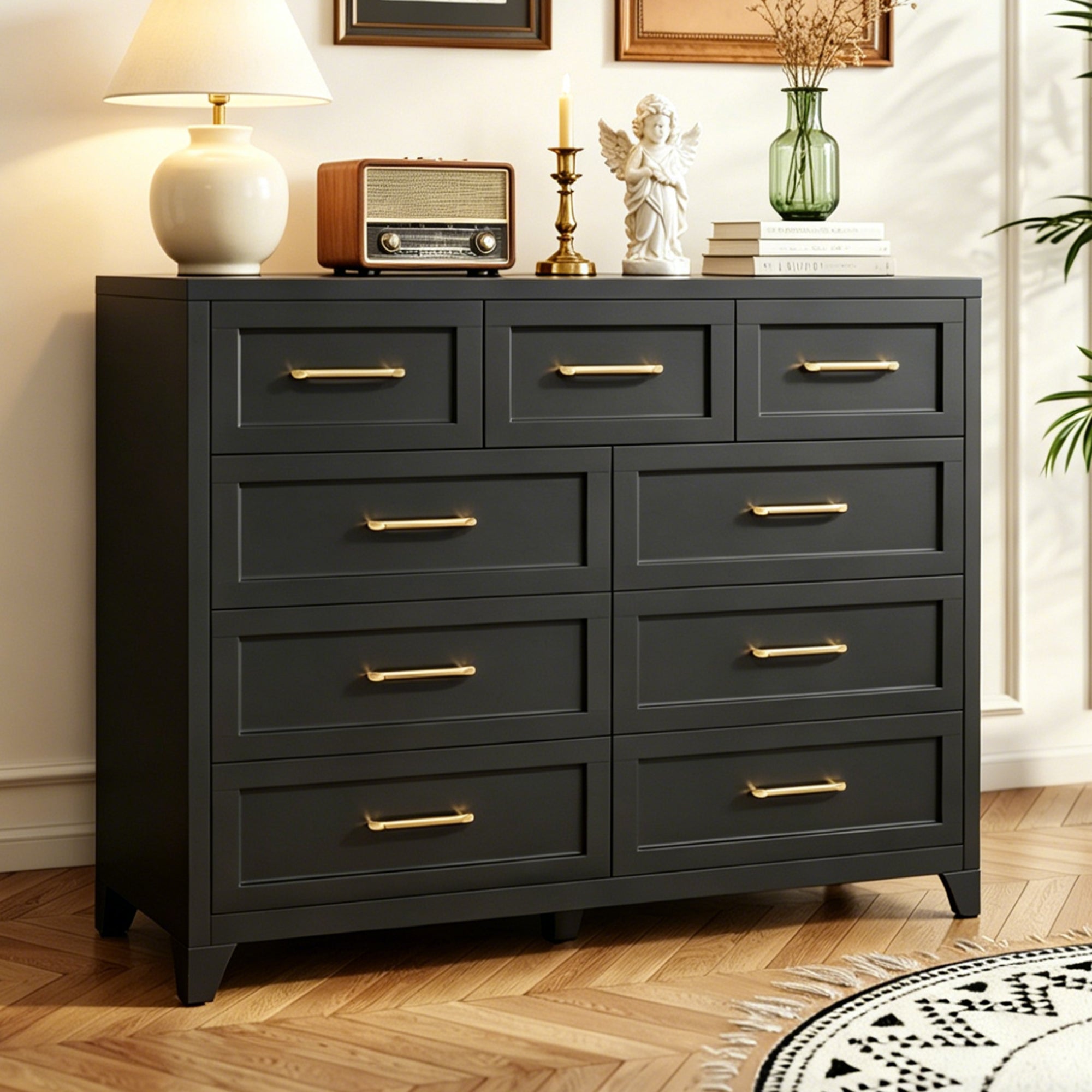 Dresser Tall 9-Drawer Black Steel Smooth-Glide 47.3x15.8x39 In