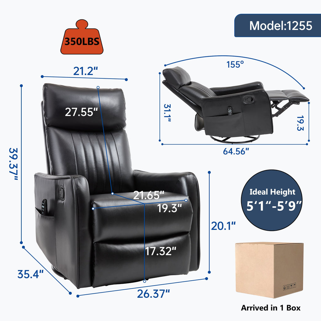 Black Faux Leather Massage Recliner Chair w/ Heat Rocker Swivel