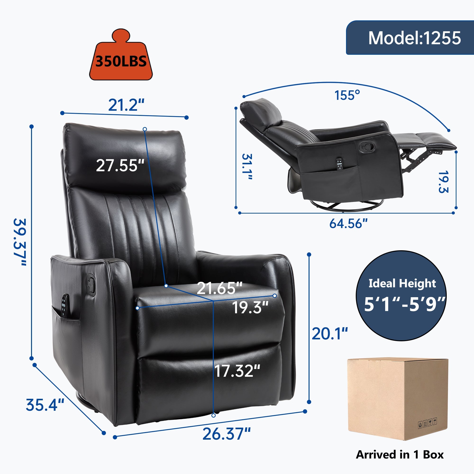 Black Faux Leather Massage Recliner Chair w/ Heat Rocker Swivel