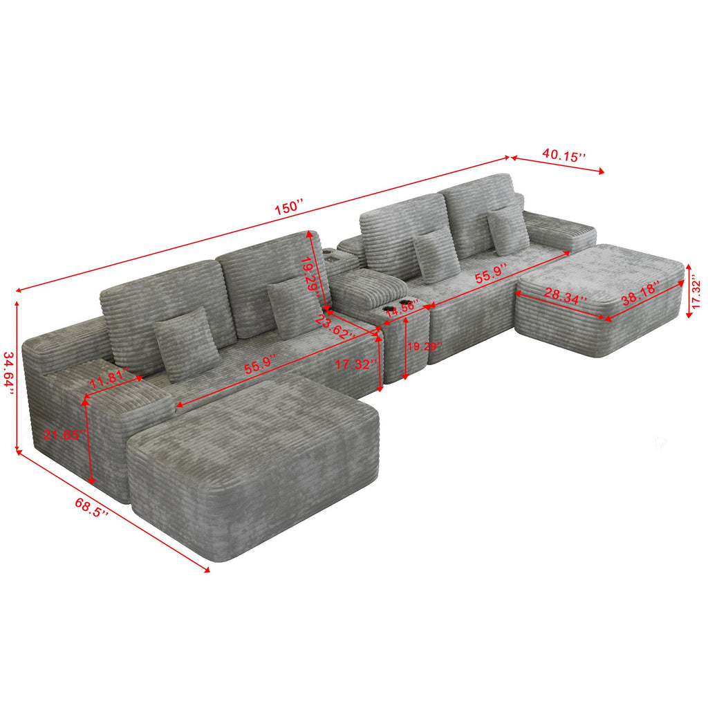 Sectional Sofa U-Shape Corduroy Light Gray 6 Seat USB Bluetooth 150 In