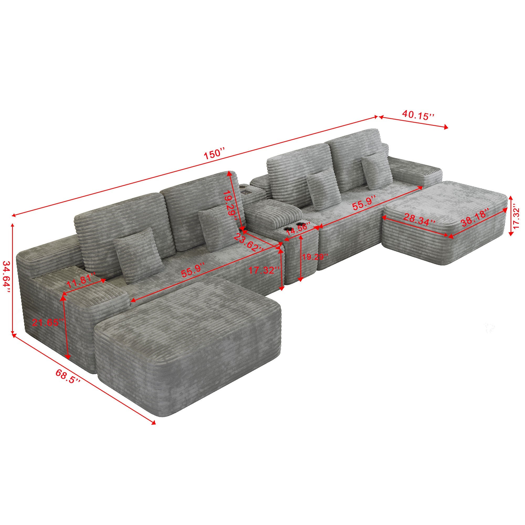 Sectional Sofa U-Shape Corduroy Light Gray 6 Seat USB Bluetooth 150 In