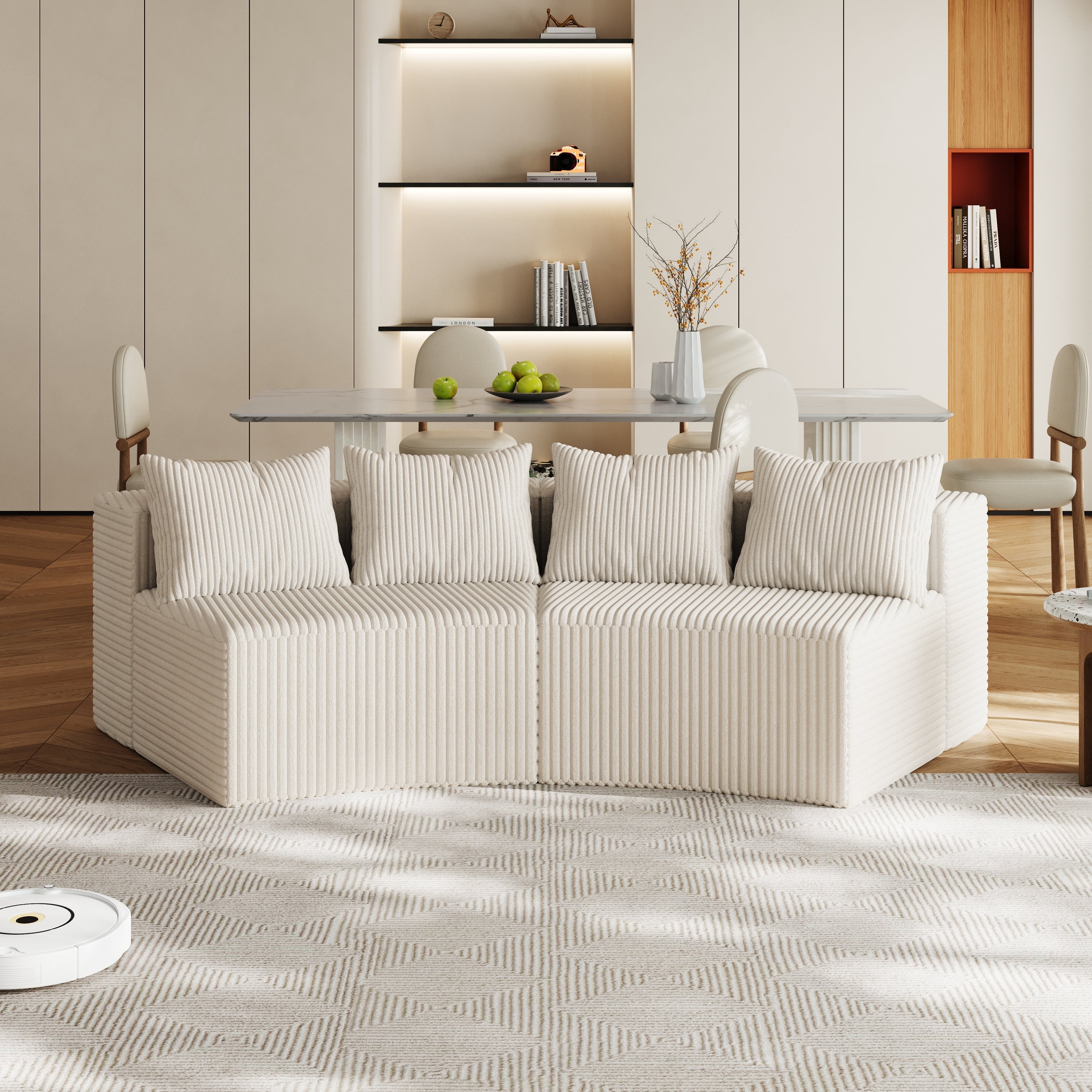 Sectional Sofa Curved Corduroy Modular with Four Pillows