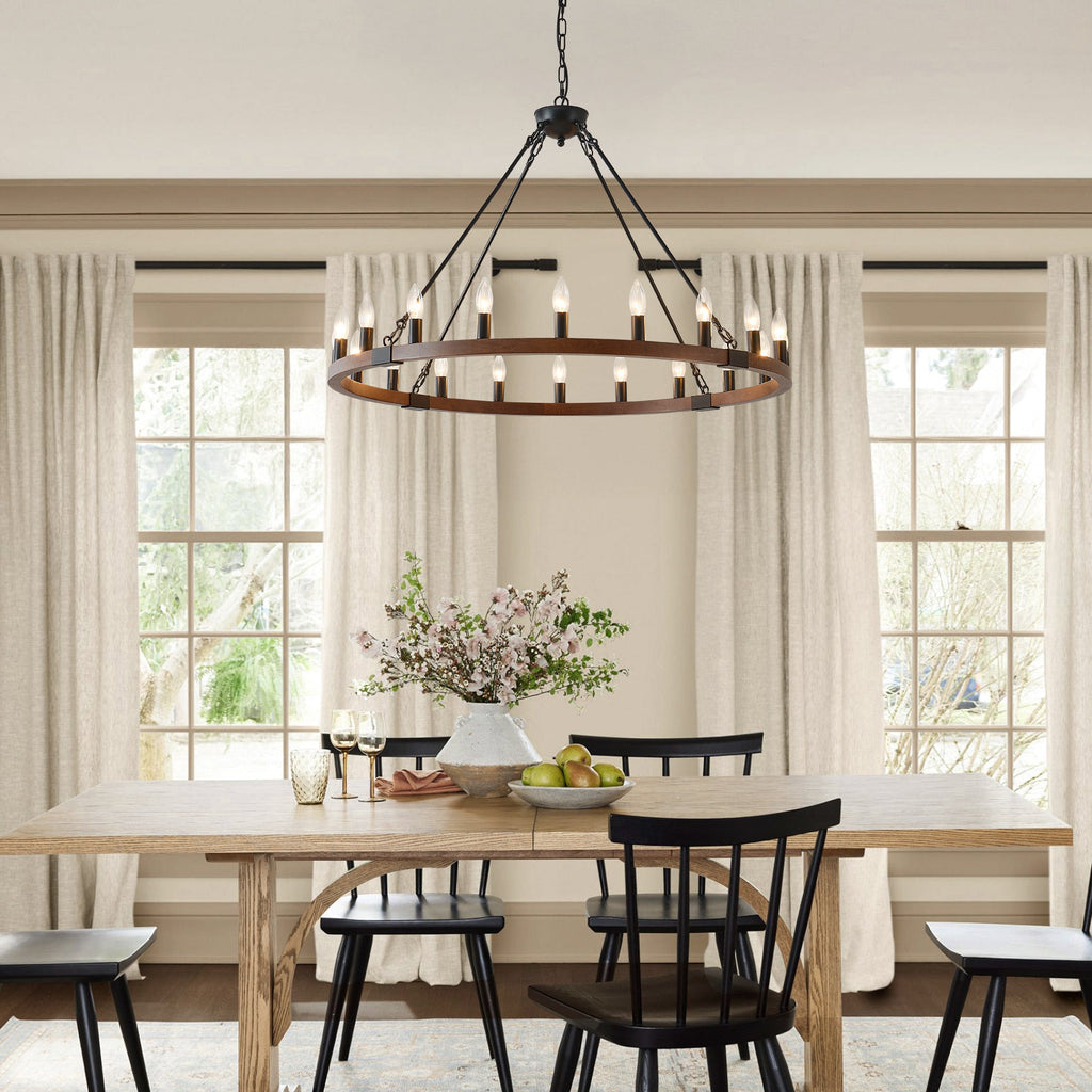 Chandelier Wood Wagon Wheel 20-Light Farmhouse Matte Black 39.3 In