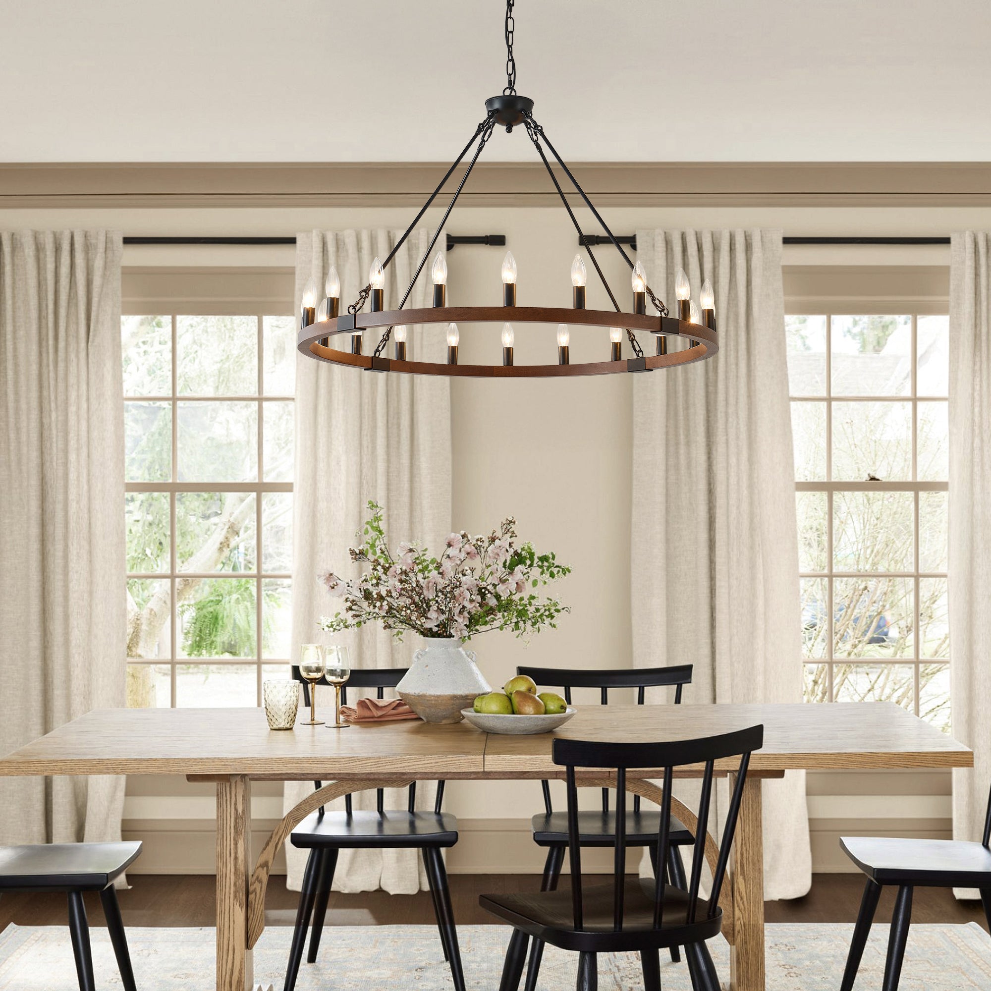 Chandelier Wood Wagon Wheel 20-Light Farmhouse Matte Black 39.3 In