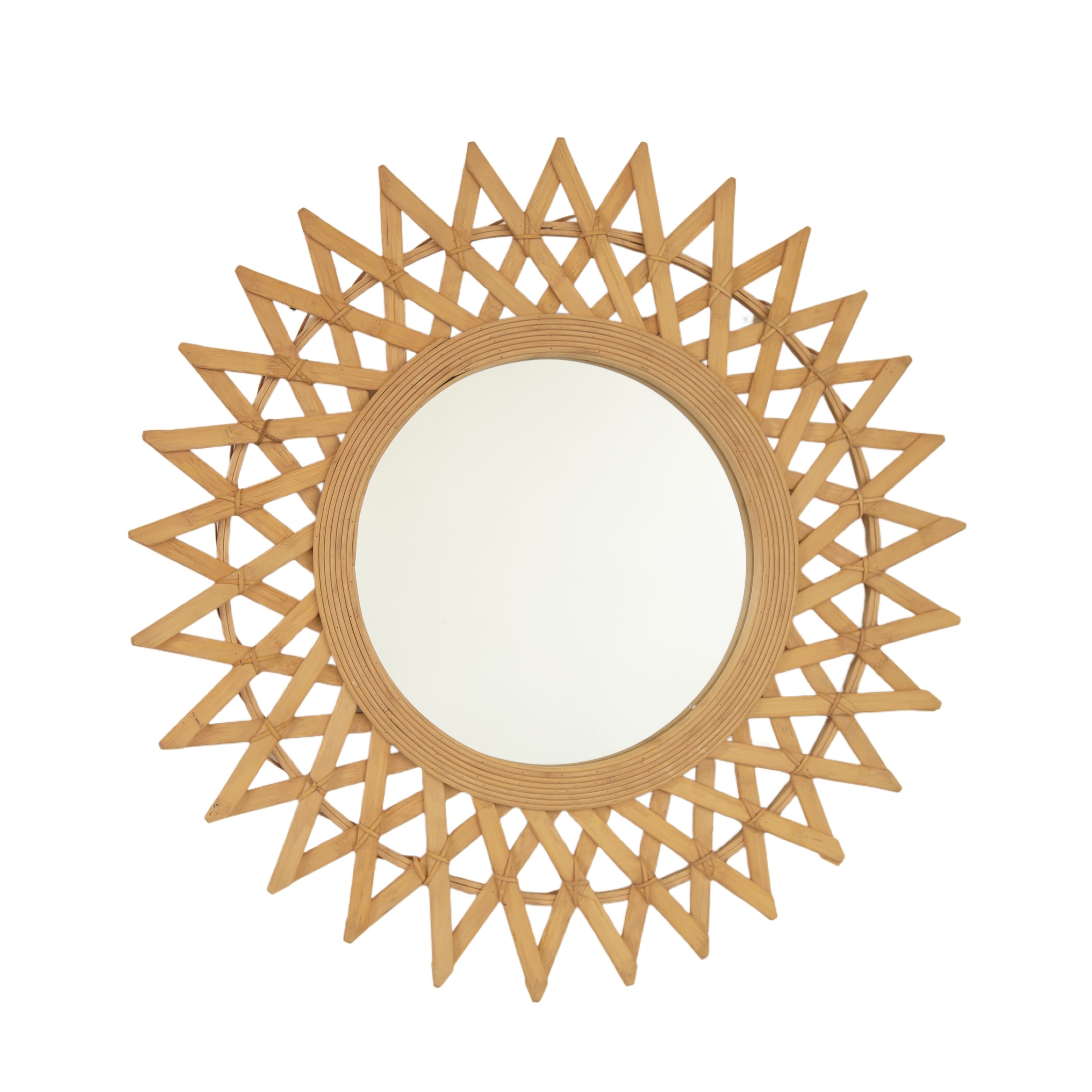 Wall Mounted Circle Mirror Boho Bamboo Natural 24x24 Inch Bedroom