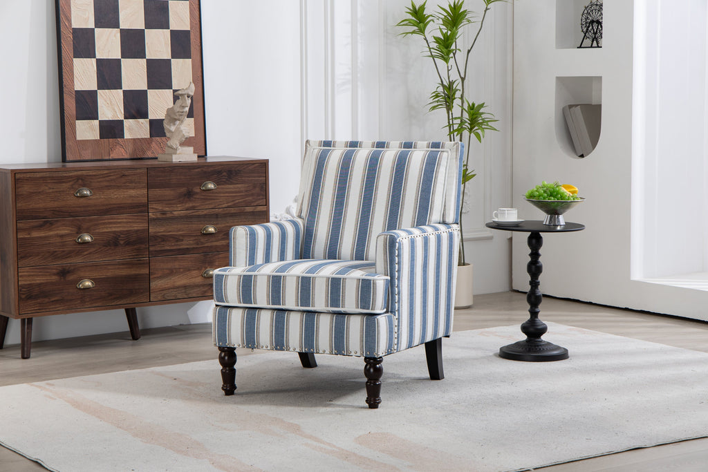 Accent Chair Vintage Striped Linen Blue White Nailhead Solid Wood Legs
