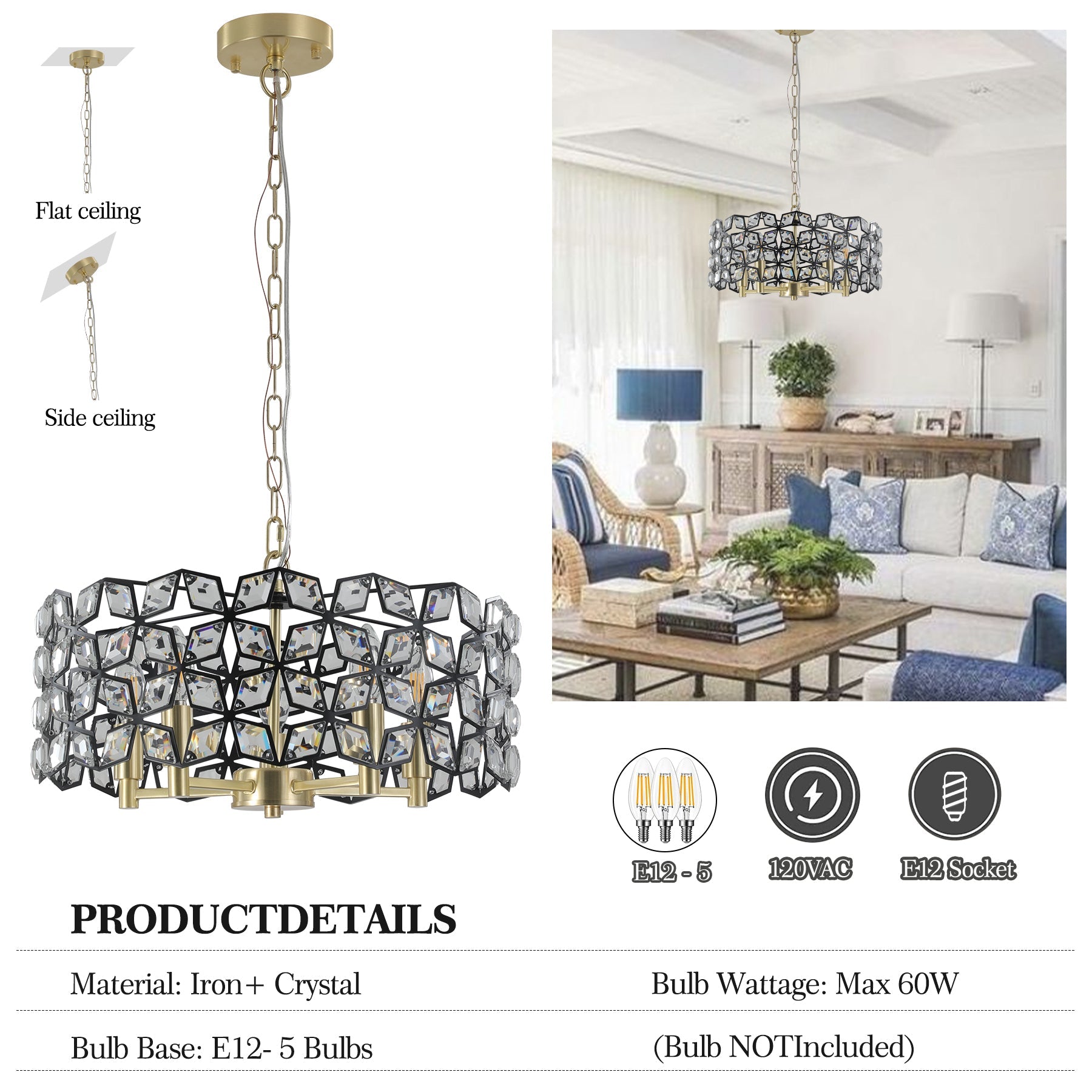 Chandelier Crystal Black Gold Round Pendant 5-Light Modern 19 In