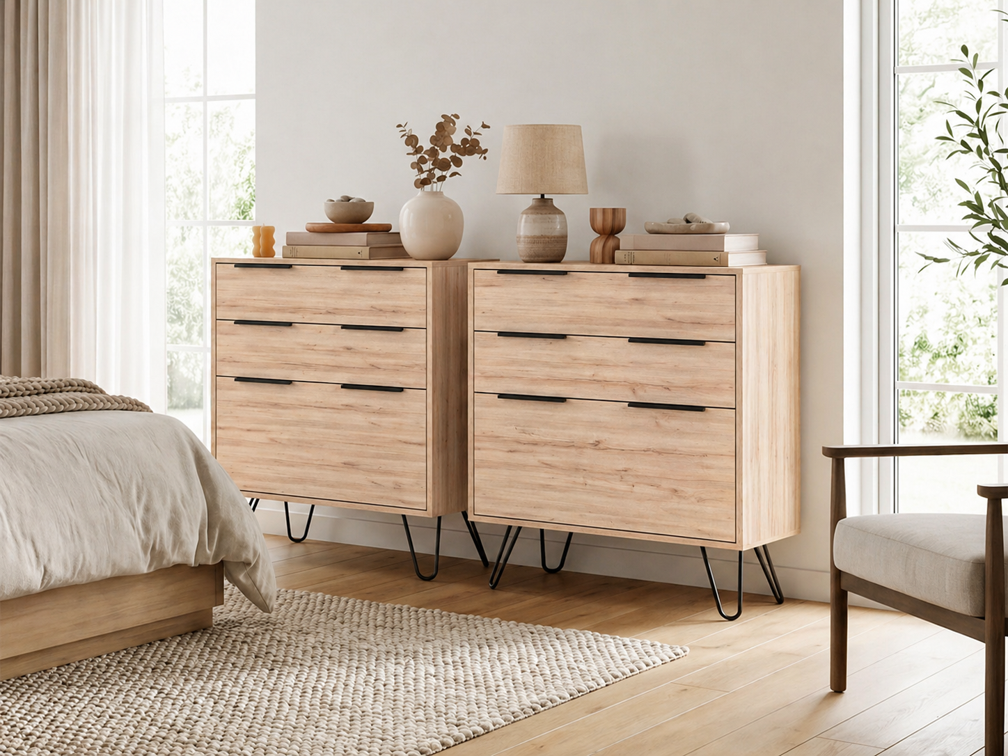 Dresser Modern Set of 2 3-Drawer Beige Particle Board Metal Legs 30.1x35.5 In