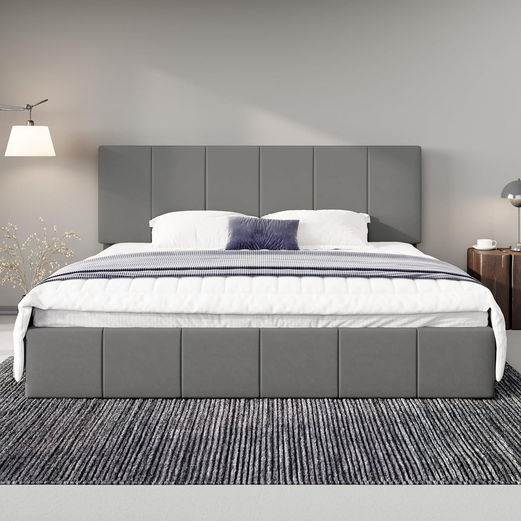 King Size Grey Velvet Upholstered Platform Bed Frame